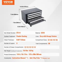 image-VEVOR Tap Dispenser Cabinet, Five-Drawer Tap Organizer Cabinet for #2-56-#12-28 Steel Tap Dispenser Organizer Cabinet with Labels, 60-Compartment Stackable Tap Cabinet for Tap Storage
