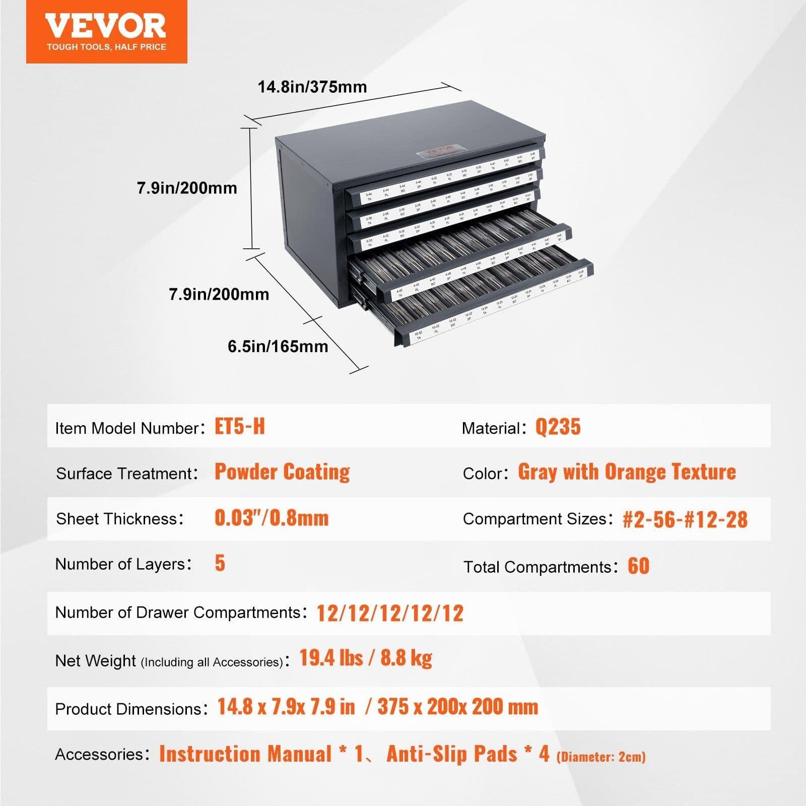 image-VEVOR Tap Dispenser Cabinet, Five-Drawer Tap Organizer Cabinet for #2-56-#12-28 Steel Tap Dispenser Organizer Cabinet with Labels, 60-Compartment Stackable Tap Cabinet for Tap Storage