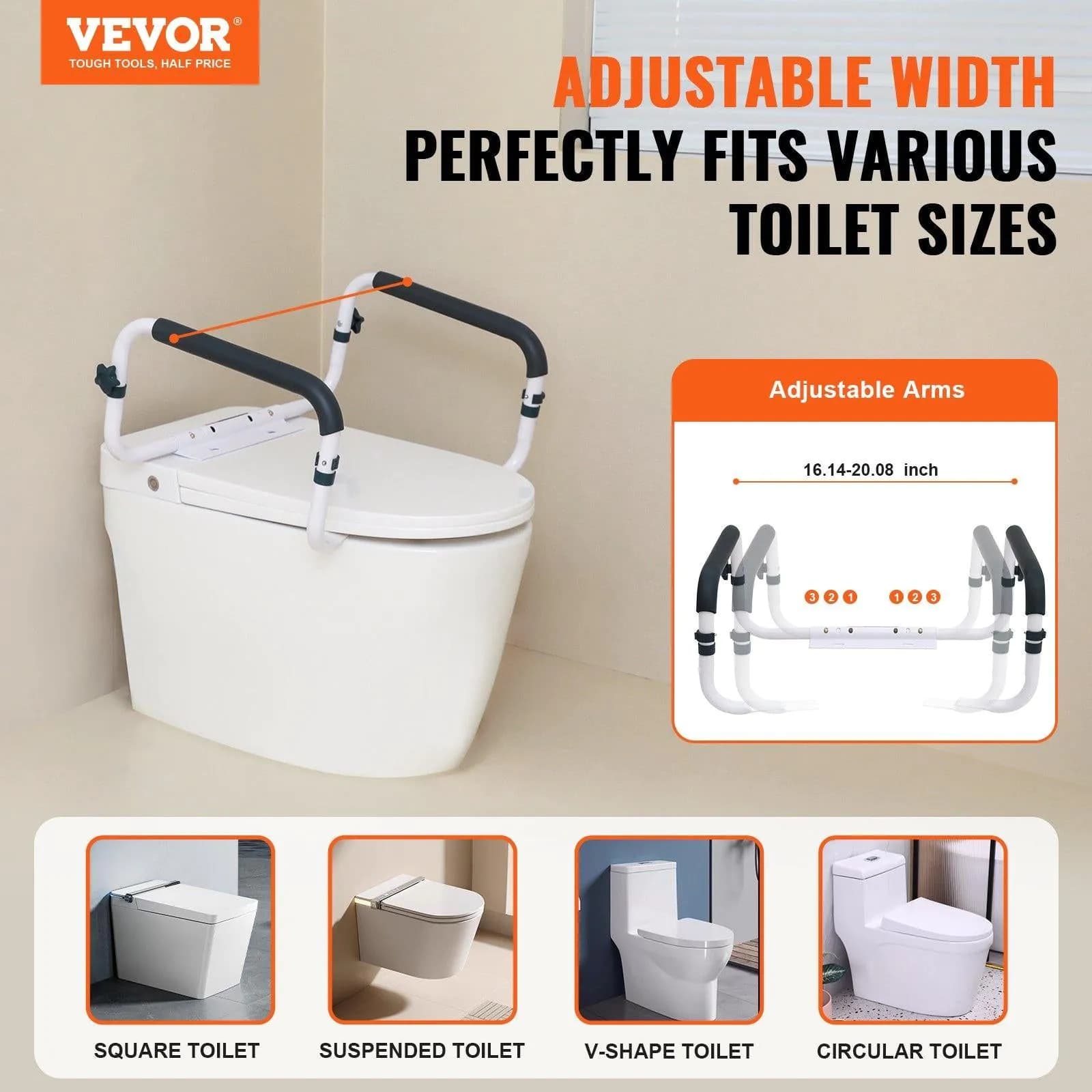 image-VEVOR Toilet Safety Rail, 300LBS Capacity Toilet Seat Frame, Adjustable Width Fit Most Toilets, Easy Installation, Toilet Handles Grab Bars with Padded Armrests for Handicap, Disabled, Seniors