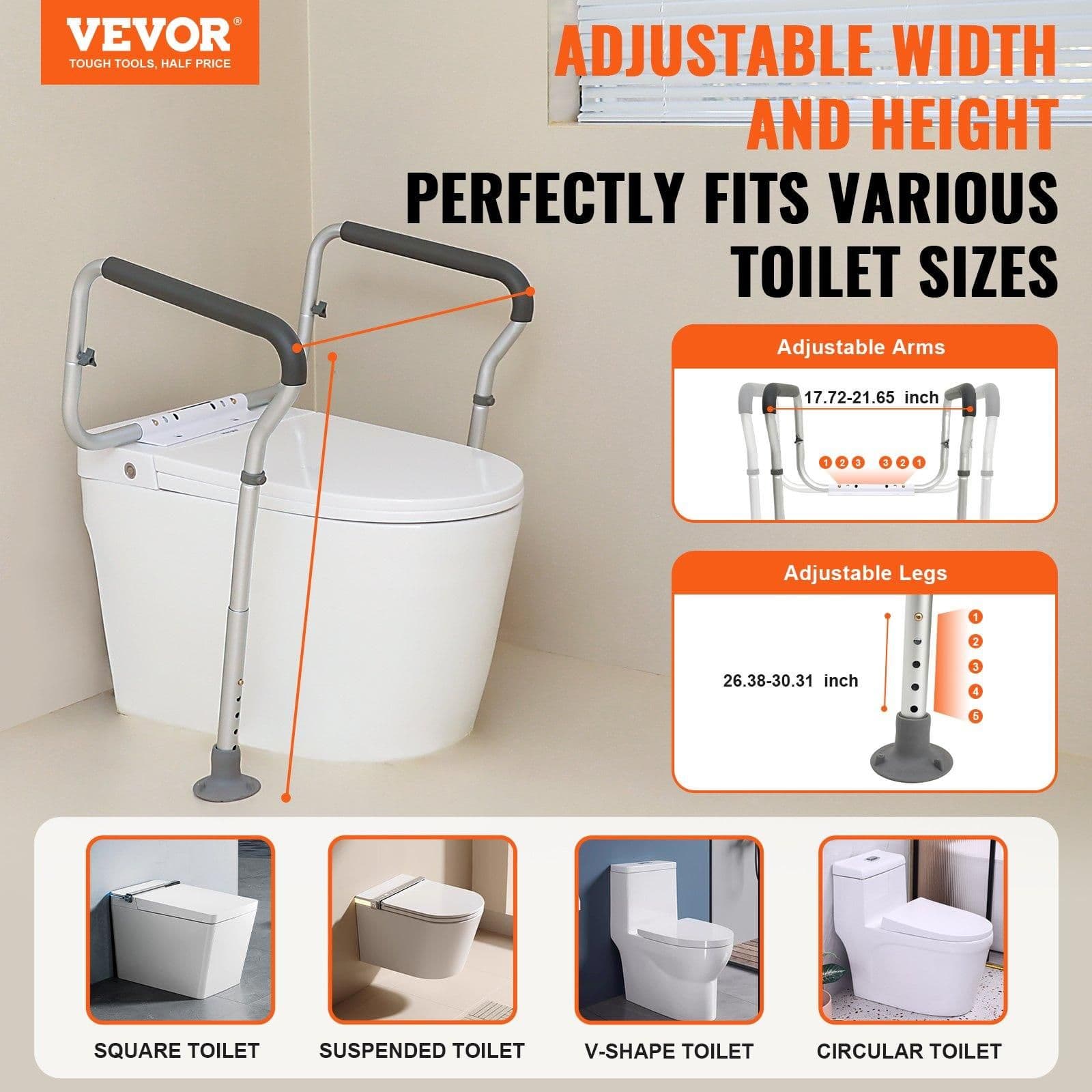 image-VEVOR Toilet Safety Rail, Bathroom Toilet Seat Frame, Adjustable Width & Height Fit Most Toilets, Supports 300lbs, Toilet Handles Grab Bars with Padded Armrests for Handicap, Disabled, Seniors