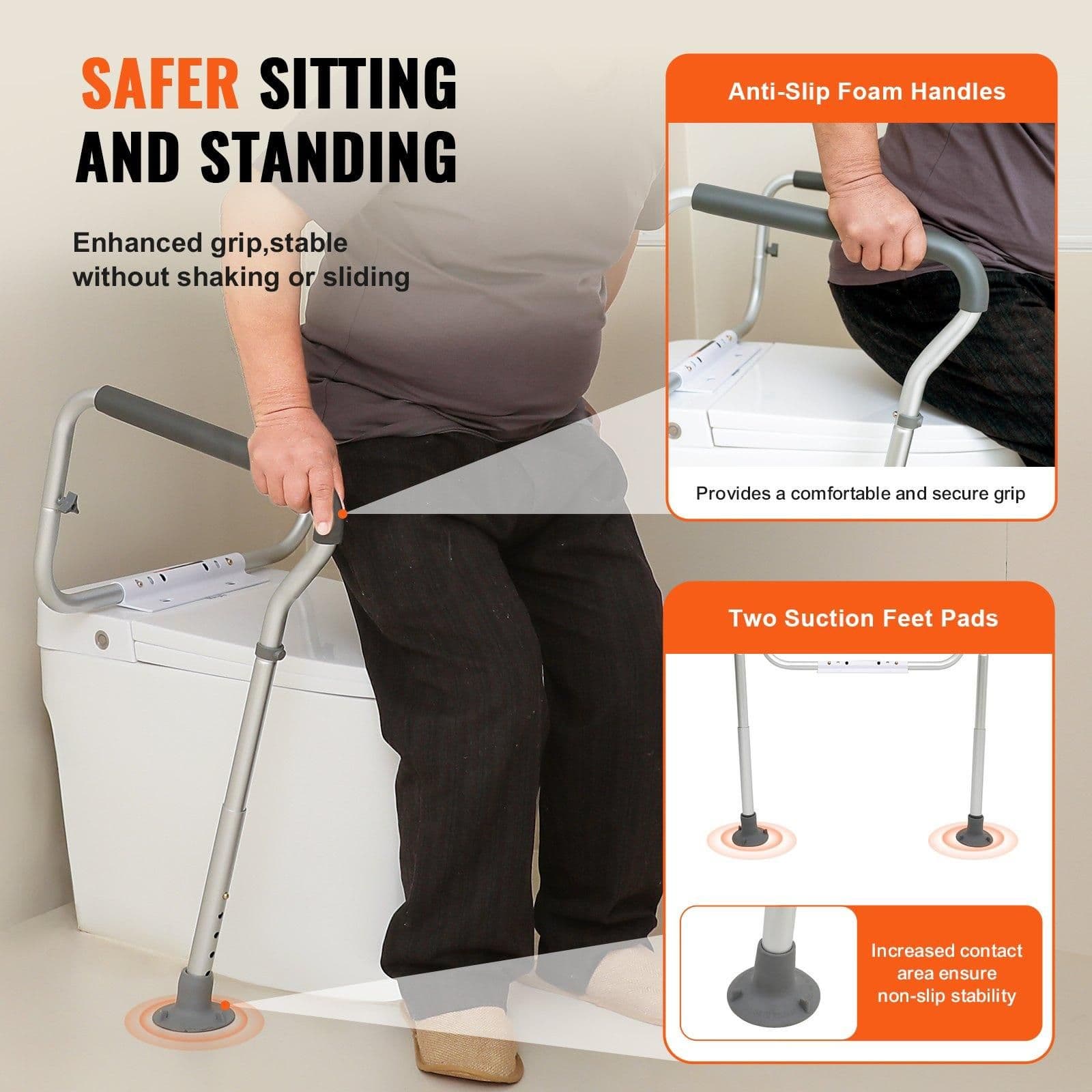 image-VEVOR Toilet Safety Rail, Bathroom Toilet Seat Frame, Adjustable Width & Height Fit Most Toilets, Supports 300lbs, Toilet Handles Grab Bars with Padded Armrests for Handicap, Disabled, Seniors