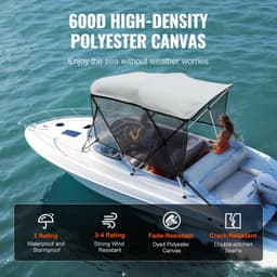 image-VEVOR 3 Bow Bimini Top Boat Cover, Detachable Mesh Sidewalls, 600D Polyester Canopy with 1" Aluminum Alloy Frame, Includes Storage Boot, 2 Support Poles, 2 Straps, 6'L x 46"H x 61"-66"W, Light Grey