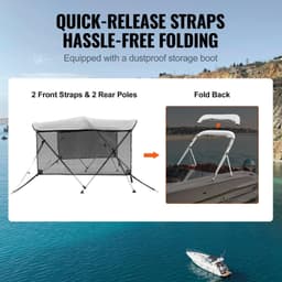 image-VEVOR 3 Bow Bimini Top Boat Cover, Detachable Mesh Sidewalls, 600D Polyester Canopy with 1" Aluminum Alloy Frame, Includes Storage Boot, 2 Support Poles, 2 Straps, 6'L x 46"H x 61"-66"W, Light Grey