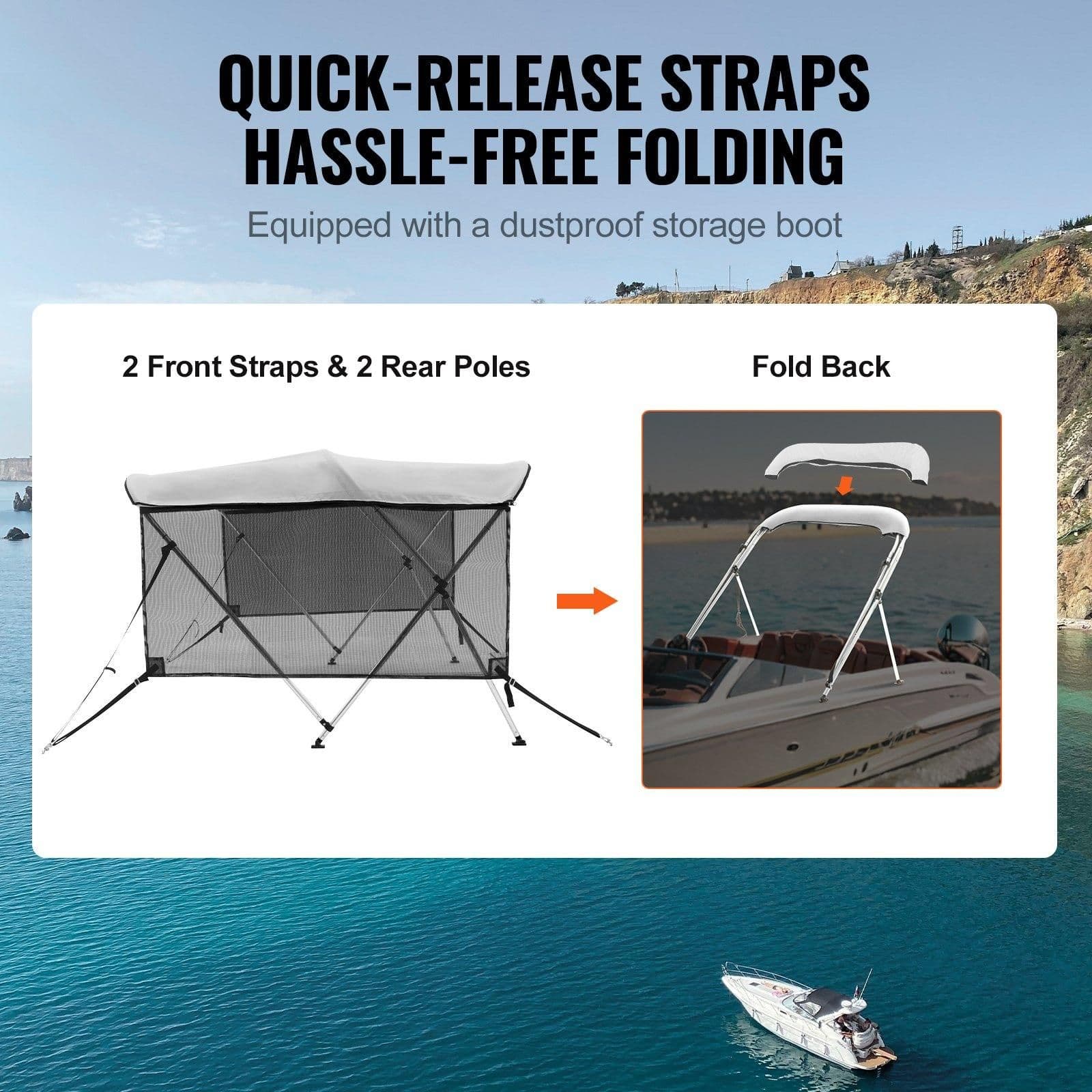 image-VEVOR 3 Bow Bimini Top Boat Cover, Detachable Mesh Sidewalls, 600D Polyester Canopy with 1" Aluminum Alloy Frame, Includes Storage Boot, 2 Support Poles, 2 Straps, 6'L x 46"H x 61"-66"W, Light Grey