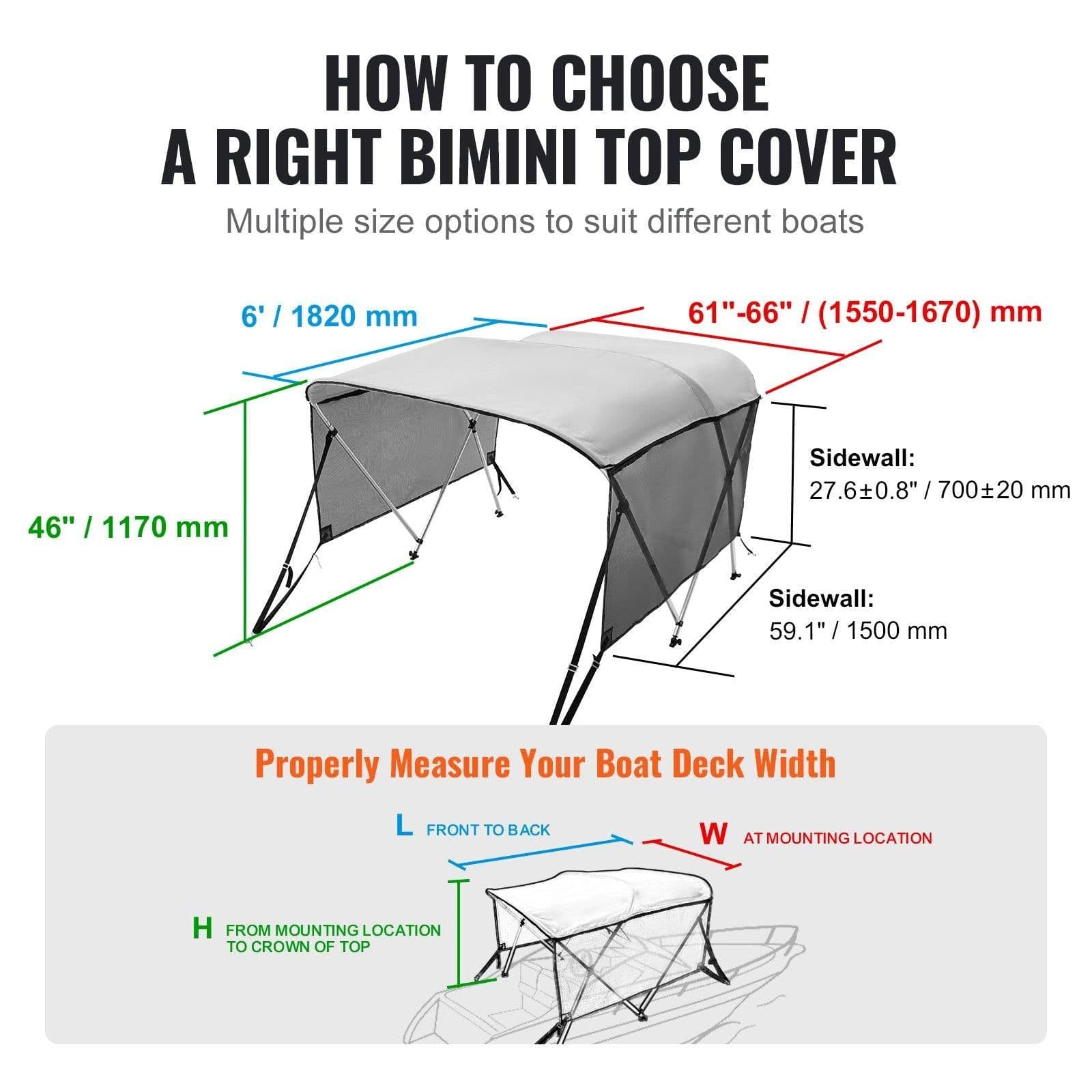 image-VEVOR 3 Bow Bimini Top Boat Cover, Detachable Mesh Sidewalls, 600D Polyester Canopy with 1" Aluminum Alloy Frame, Includes Storage Boot, 2 Support Poles, 2 Straps, 6'L x 46"H x 61"-66"W, Light Grey