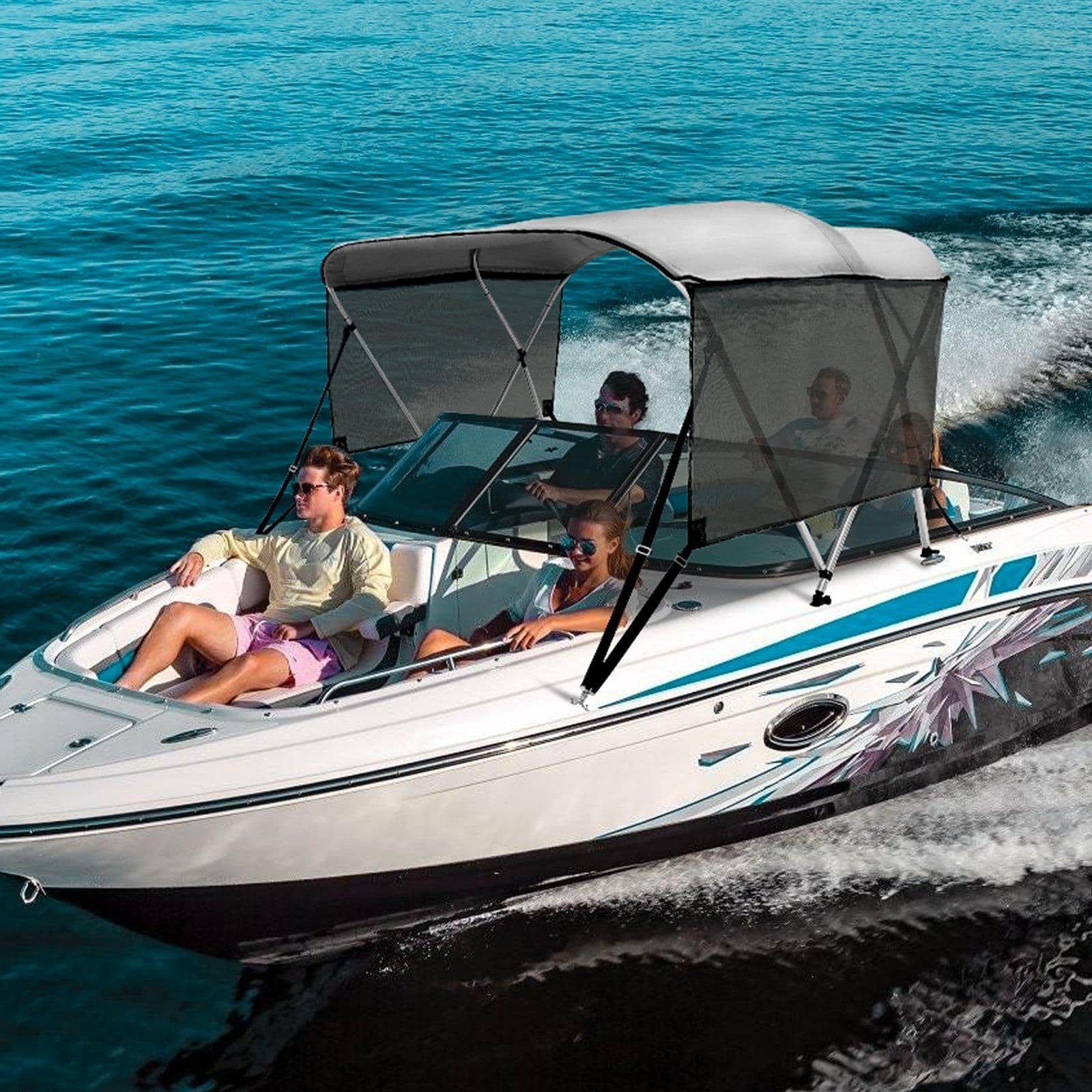 image-VEVOR 3 Bow Bimini Top Boat Cover, Detachable Mesh Sidewalls, 600D Polyester Canopy with 1" Aluminum Alloy Frame, Includes Storage Boot, 2 Support Poles, 2 Straps, 6'L x 46"H x 61"-66"W, Light Grey