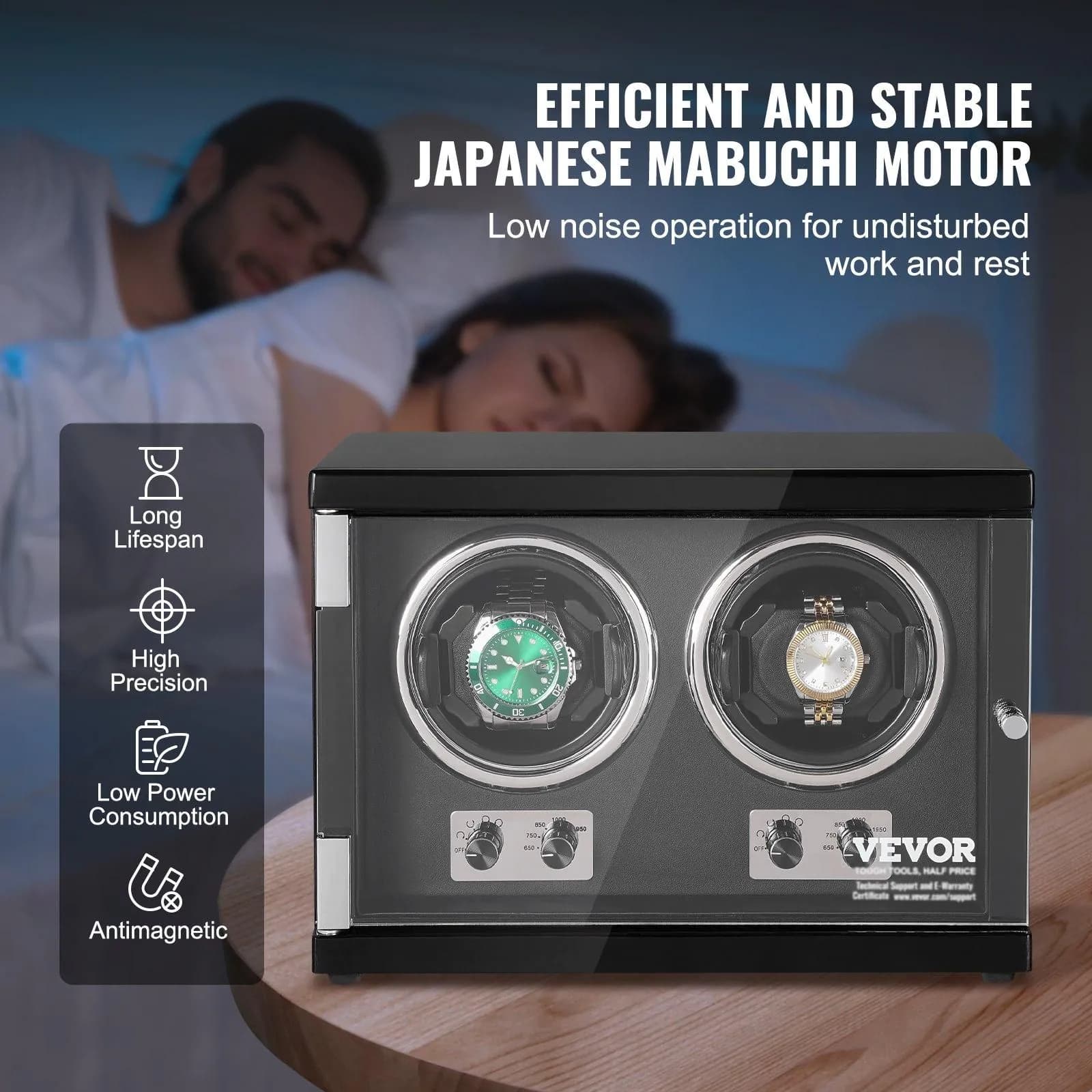 image-VEVOR Watch Winder, Dual Watch Winder for Men's and Women's Automatic Watch, with 2 Super Quiet Japanese Mabuchi Motors, Blue LED Light and Adapter, High-Density Board Shell and Black PU
