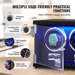 image-VEVOR Watch Winder, Dual Watch Winder for Men's and Women's Automatic Watch, with 2 Super Quiet Japanese Mabuchi Motors, Blue LED Light and Adapter, High-Density Board Shell and Black PU