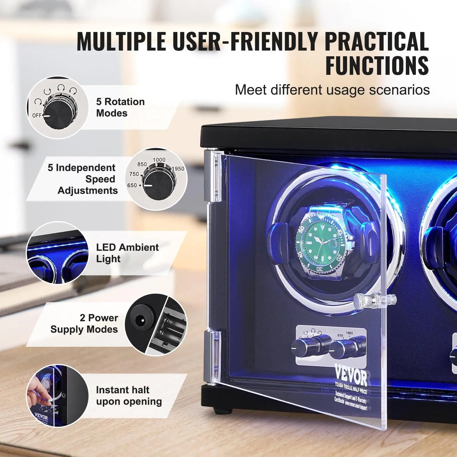 image-VEVOR Watch Winder, Dual Watch Winder for Men's and Women's Automatic Watch, with 2 Super Quiet Japanese Mabuchi Motors, Blue LED Light and Adapter, High-Density Board Shell and Black PU
