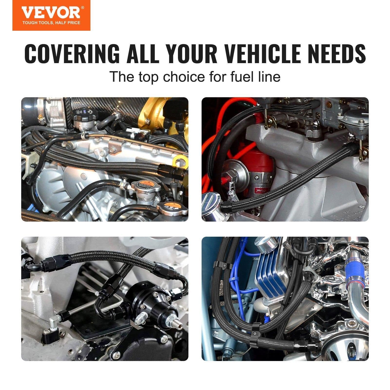 image-VEVOR 8AN Fuel Line Kit, 20 FT Fuel Hose Kit, 0.43" Nylon Stainless Steel Braided Fuel Line Oil/Gas/Diesel Hose End Fitting Kit, with 12 PCS Swivel Fitting Adapter Kit, Black