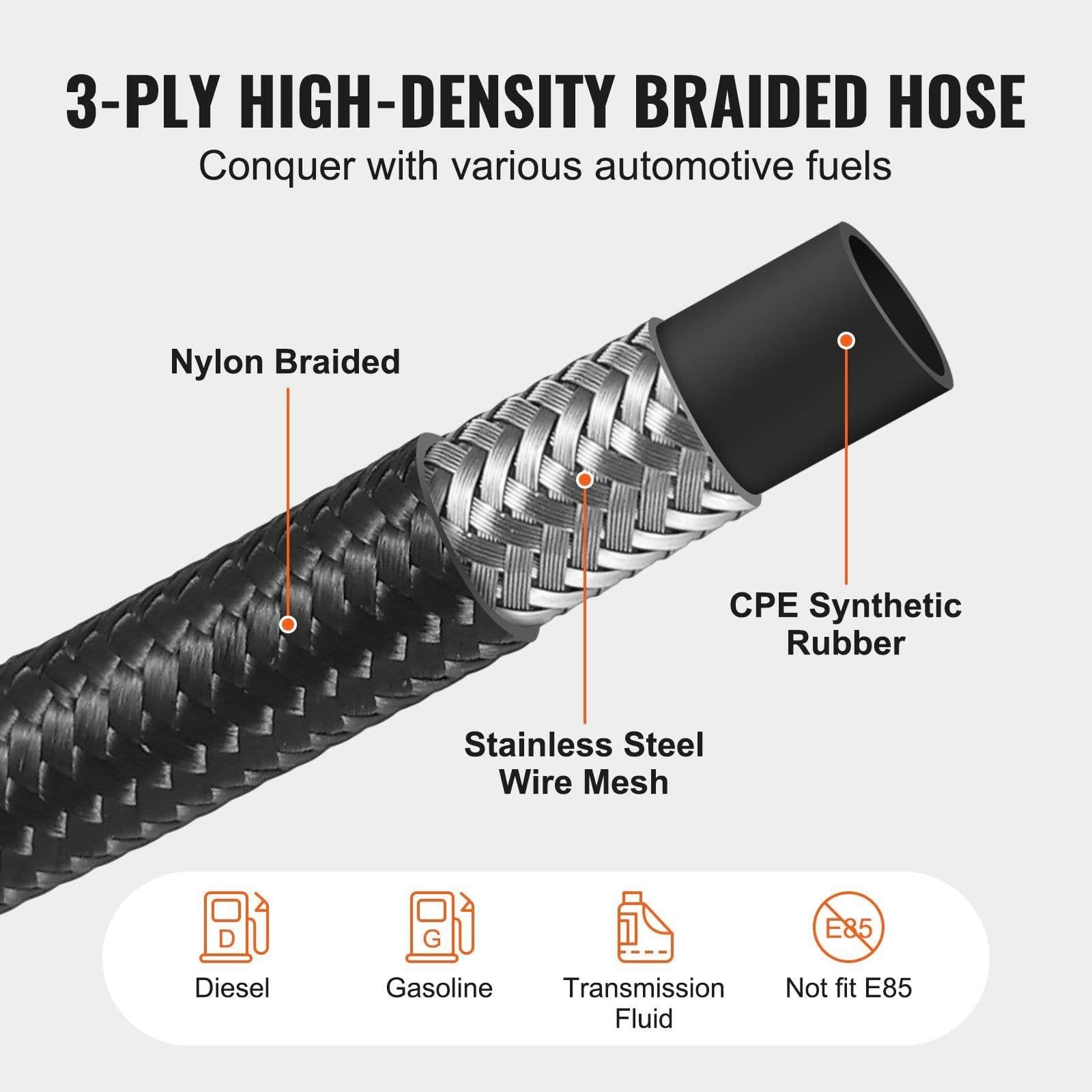 image-VEVOR 8AN Fuel Line Kit, 20 FT Fuel Hose Kit, 0.43" Nylon Stainless Steel Braided Fuel Line Oil/Gas/Diesel Hose End Fitting Kit, with 12 PCS Swivel Fitting Adapter Kit, Black