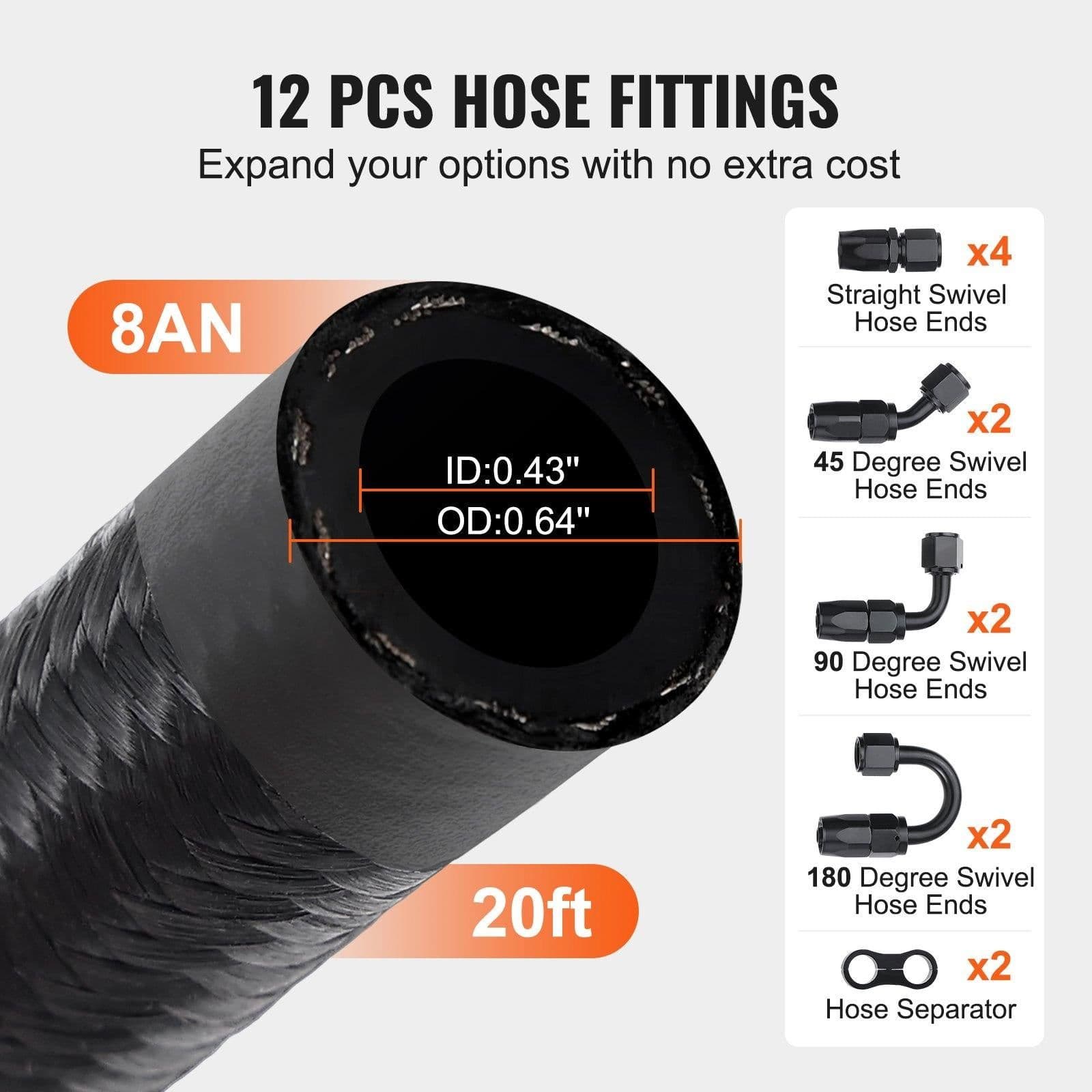 image-VEVOR 8AN Fuel Line Kit, 20 FT Fuel Hose Kit, 0.43" Nylon Stainless Steel Braided Fuel Line Oil/Gas/Diesel Hose End Fitting Kit, with 12 PCS Swivel Fitting Adapter Kit, Black