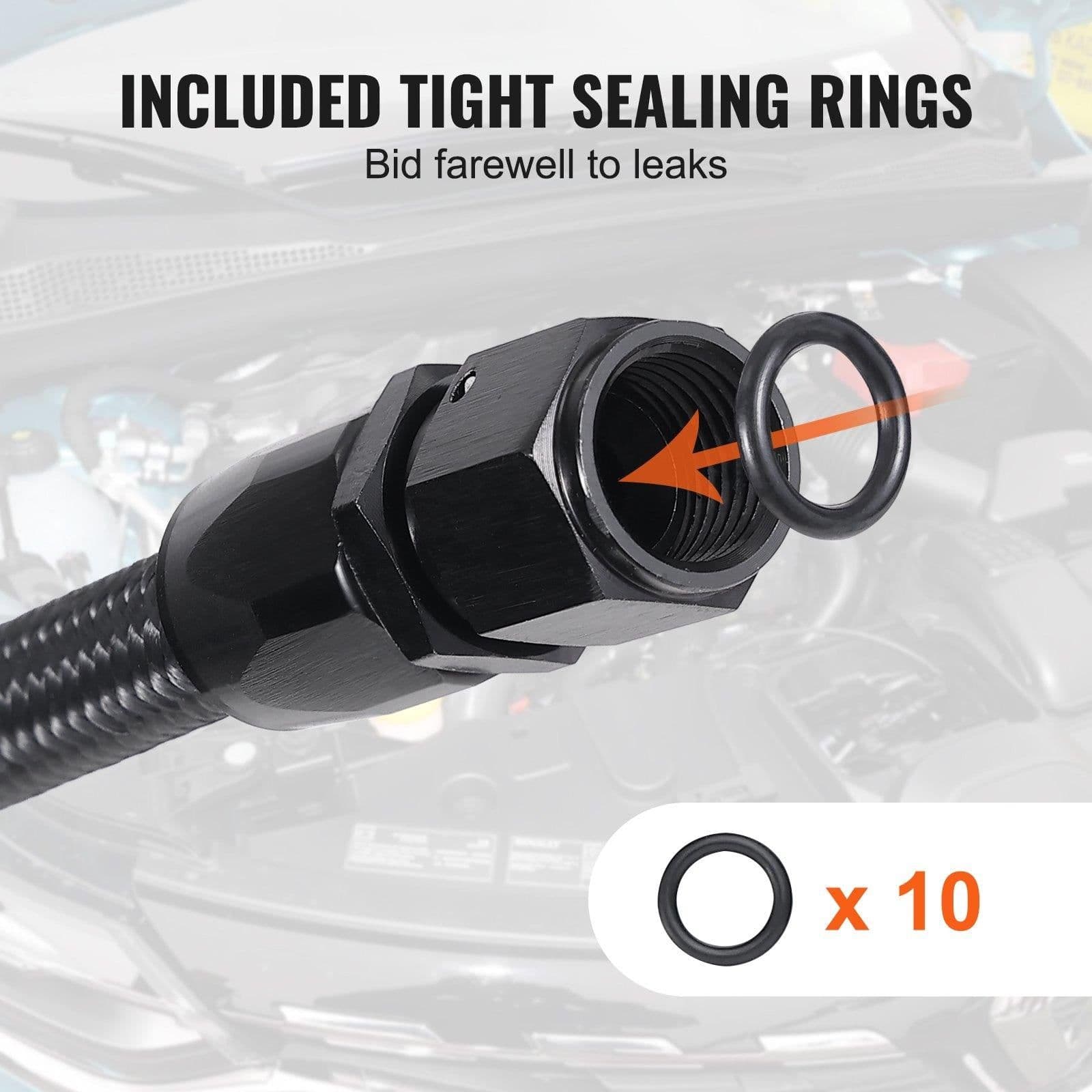 image-VEVOR 8AN Fuel Line Kit, 20 FT Fuel Hose Kit, 0.43" Nylon Stainless Steel Braided Fuel Line Oil/Gas/Diesel Hose End Fitting Kit, with 12 PCS Swivel Fitting Adapter Kit, Black