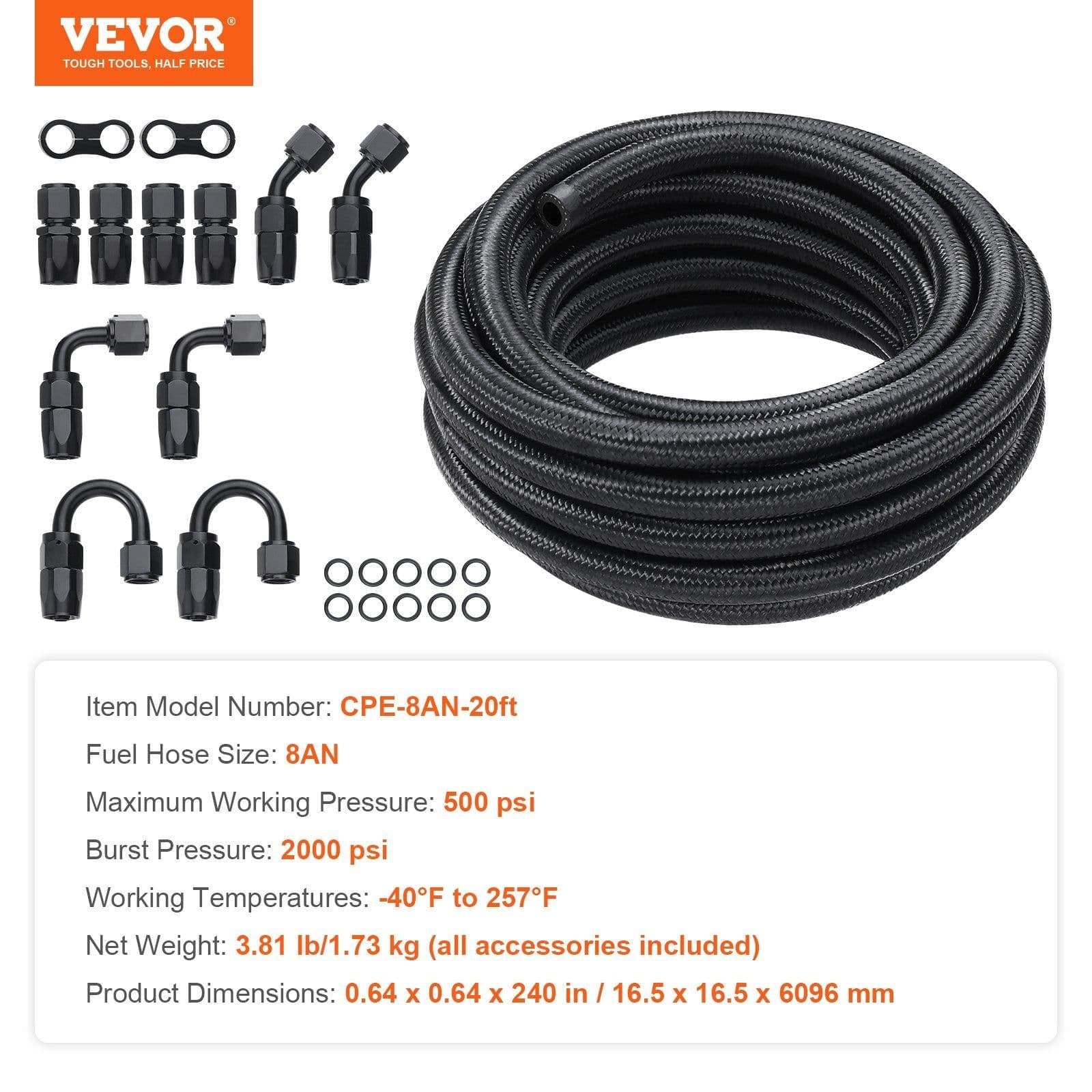 image-VEVOR 8AN Fuel Line Kit, 20 FT Fuel Hose Kit, 0.43" Nylon Stainless Steel Braided Fuel Line Oil/Gas/Diesel Hose End Fitting Kit, with 12 PCS Swivel Fitting Adapter Kit, Black