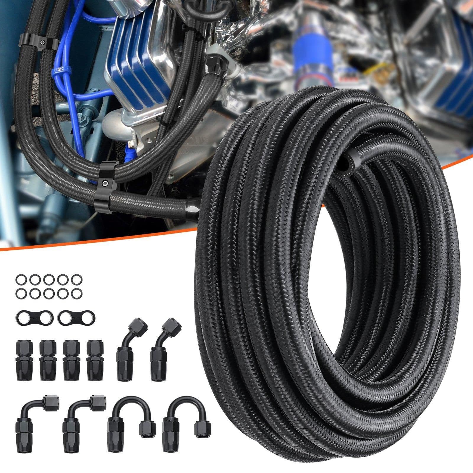 image-VEVOR 8AN Fuel Line Kit, 20 FT Fuel Hose Kit, 0.43" Nylon Stainless Steel Braided Fuel Line Oil/Gas/Diesel Hose End Fitting Kit, with 12 PCS Swivel Fitting Adapter Kit, Black