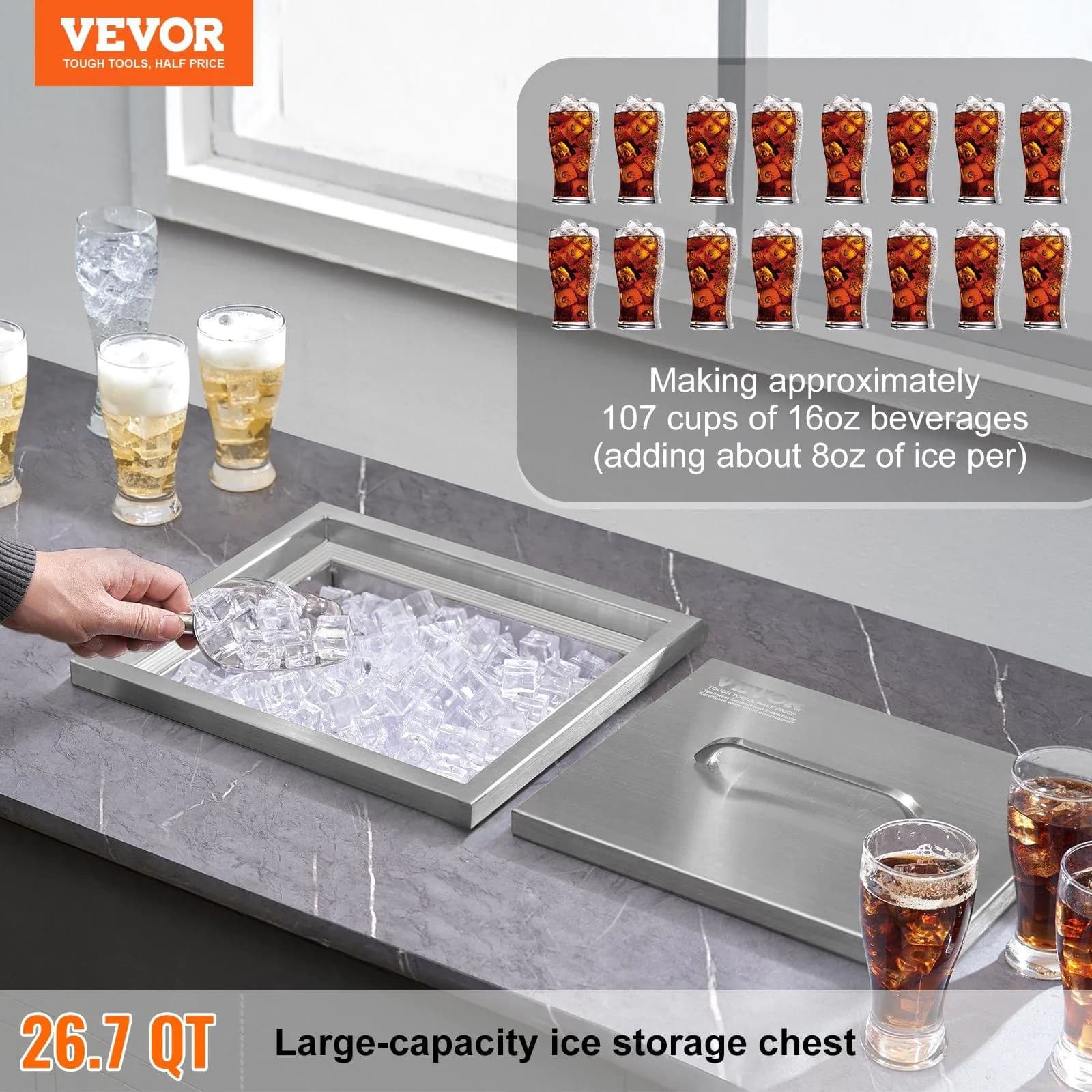 image-VEVOR Drop in Ice Chest, 14"L x 12"W x 18"H Stainless Steel Ice Cooler, Commercial Ice Bin with Cover, 40 qt Outdoor Kitchen Ice Bar, Drain-pipe and Drain Plug Included, for Cold Wine Beer