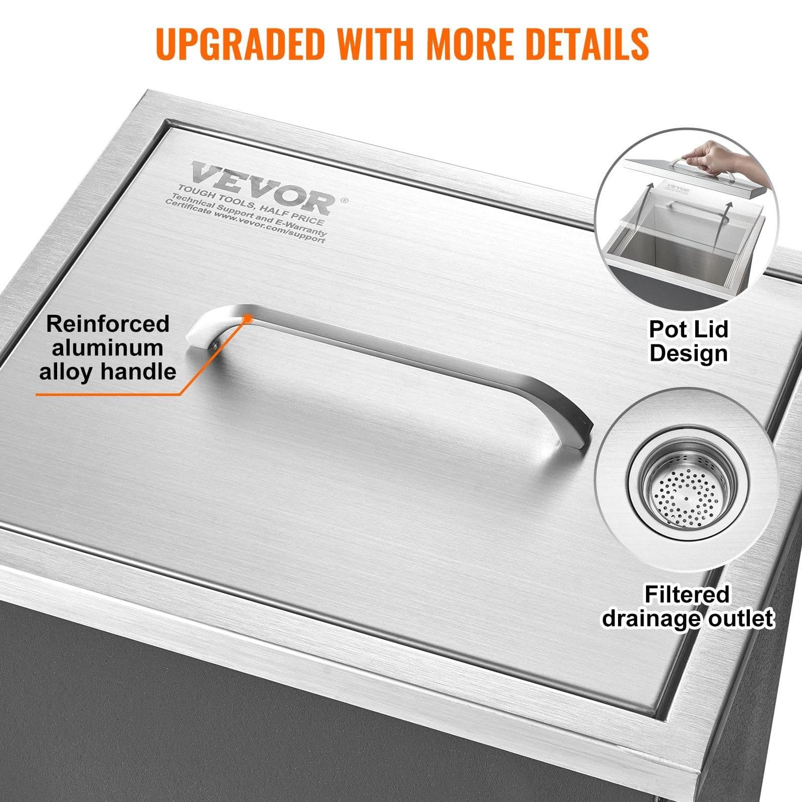 image-VEVOR Drop in Ice Chest, 14"L x 12"W x 18"H Stainless Steel Ice Cooler, Commercial Ice Bin with Cover, 40 qt Outdoor Kitchen Ice Bar, Drain-pipe and Drain Plug Included, for Cold Wine Beer