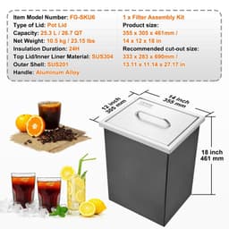 image-VEVOR Drop in Ice Chest, 14"L x 12"W x 18"H Stainless Steel Ice Cooler, Commercial Ice Bin with Cover, 40 qt Outdoor Kitchen Ice Bar, Drain-pipe and Drain Plug Included, for Cold Wine Beer