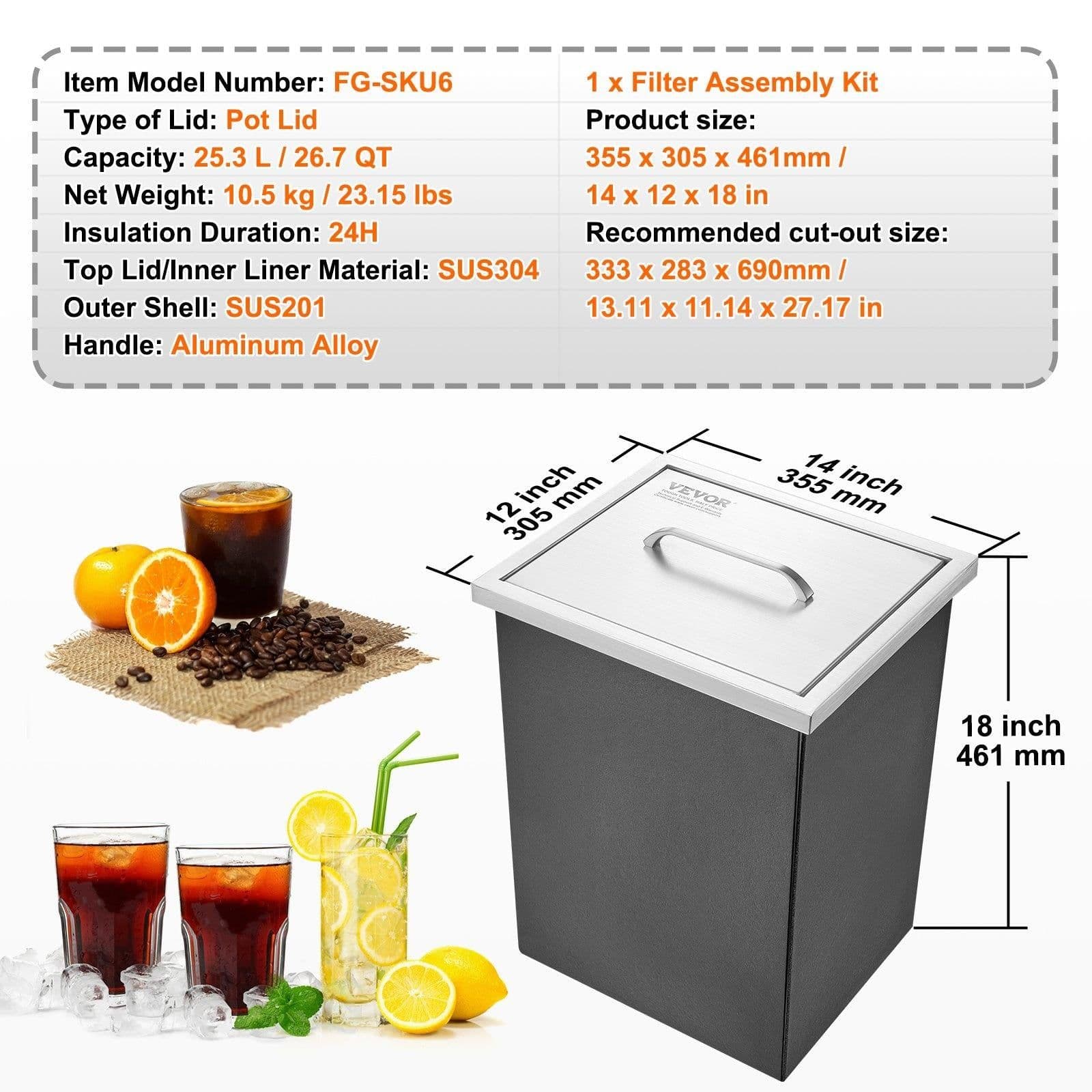 image-VEVOR Drop in Ice Chest, 14"L x 12"W x 18"H Stainless Steel Ice Cooler, Commercial Ice Bin with Cover, 40 qt Outdoor Kitchen Ice Bar, Drain-pipe and Drain Plug Included, for Cold Wine Beer
