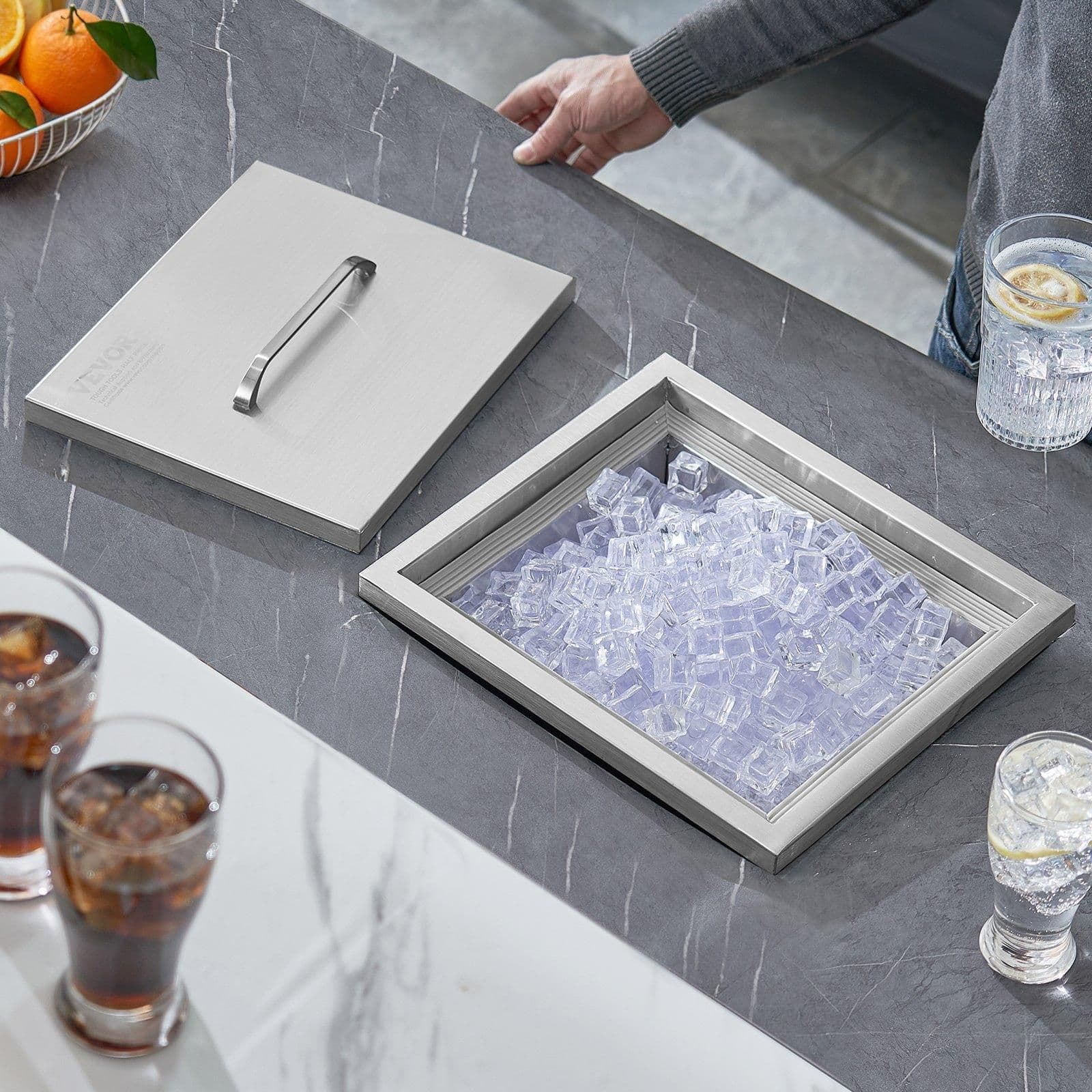 image-VEVOR Drop in Ice Chest, 14"L x 12"W x 18"H Stainless Steel Ice Cooler, Commercial Ice Bin with Cover, 40 qt Outdoor Kitchen Ice Bar, Drain-pipe and Drain Plug Included, for Cold Wine Beer