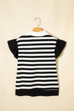 image-Black Stripe Collar V Neck Ruffled Short Sleeve Blouse