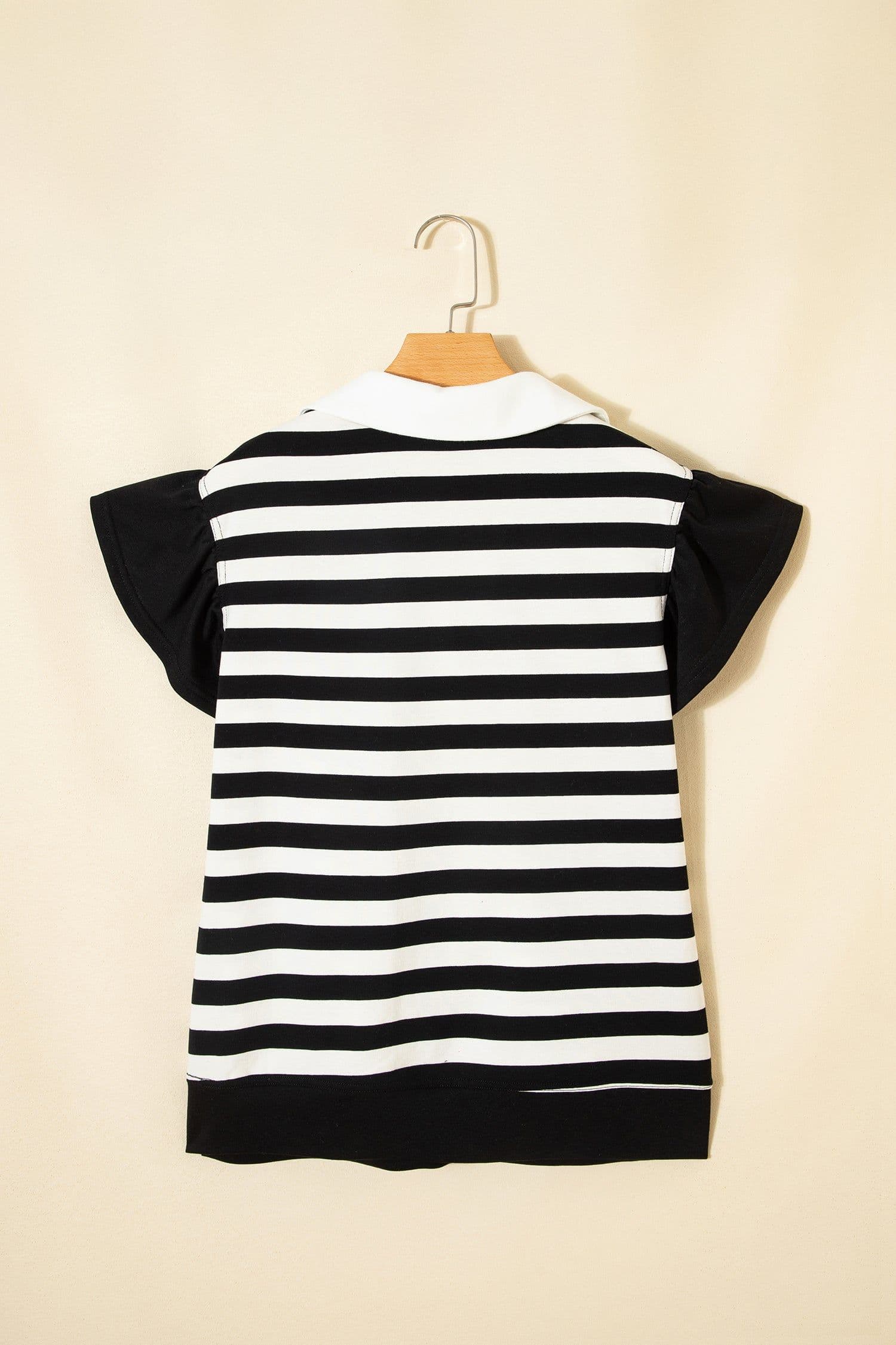 image-Black Stripe Collar V Neck Ruffled Short Sleeve Blouse