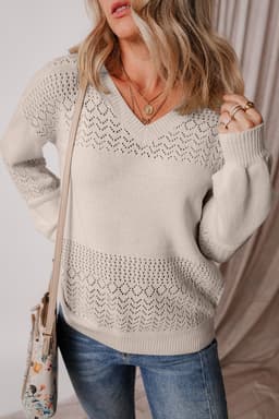 image-Sky Blue V Neck Eyelet Sweater Drop Shoulder