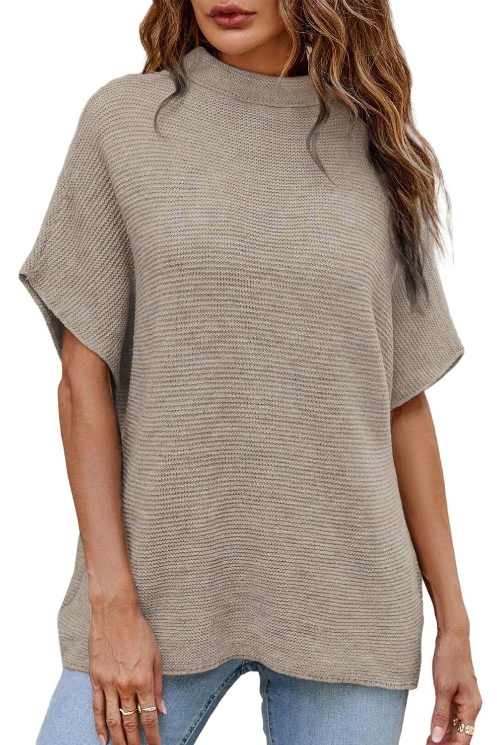 image-High Neck Bat Sleeve Sweater - Short Sleeve, Elegant, Loose Fit