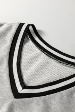 image-Light Grey Striped Trim V Neck Long Sleeve Preppy T Shirt Dress
