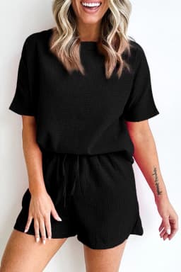 image-Rose Red Textured Tee and Drawstring Shorts Set