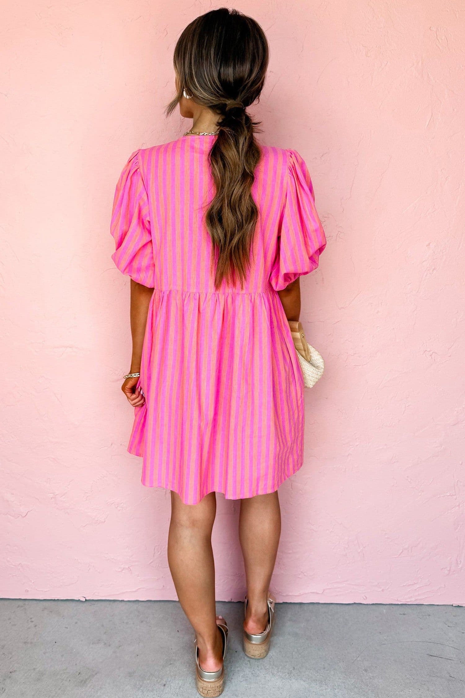 image-Rose Striped Print Bow Detail Short Puff Sleeve Mini Dress