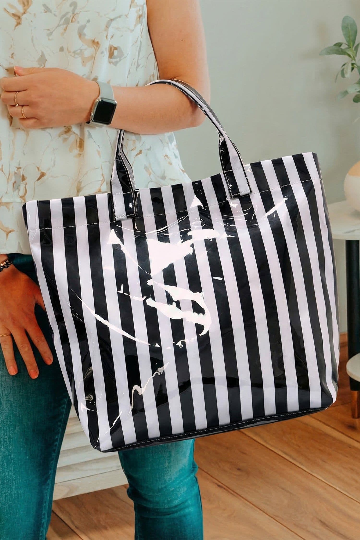 image-Black Glossy Striped Vinyl Large Tote Bag