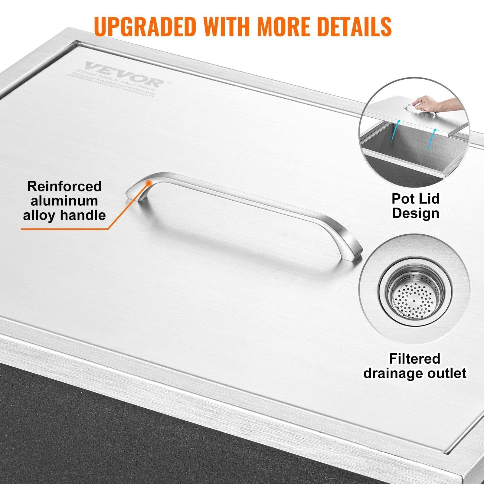 image-VEVOR Drop in Ice Chest, 21"L x 17"W x 18"H Stainless Steel Ice Cooler, Commercial Ice Bin with Cover, 40 qt Outdoor Kitchen Ice Bar, Drain-pipe and Drain Plug Included, for Cold Wine Beer