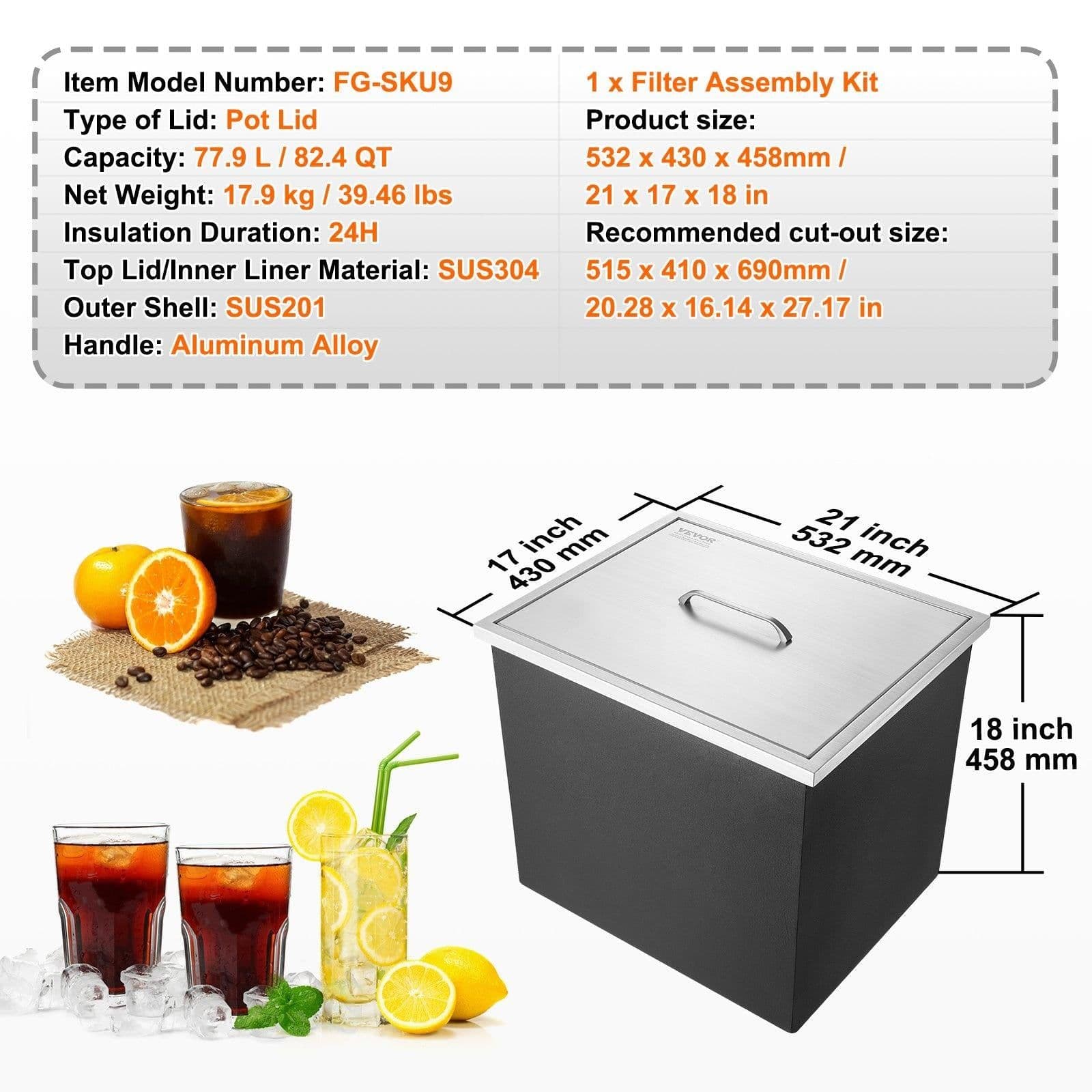 image-VEVOR Drop in Ice Chest, 21"L x 17"W x 18"H Stainless Steel Ice Cooler, Commercial Ice Bin with Cover, 40 qt Outdoor Kitchen Ice Bar, Drain-pipe and Drain Plug Included, for Cold Wine Beer