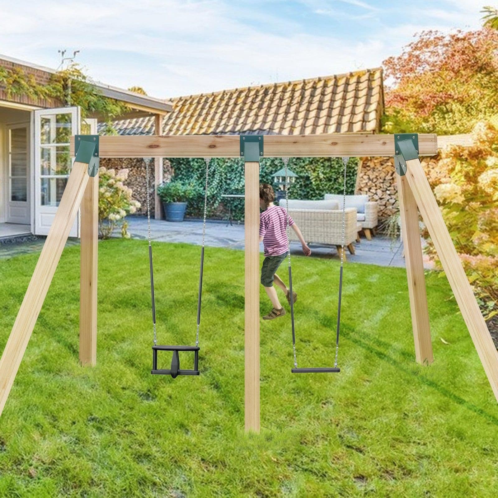 image-VEVOR A-Frame Middle Swing Set Brackets, Heavy Duty Carbon Steel Swing Set Hardware with Mounting Hardware, DIY Swing Set Bracket Swing Set Kit for 4x4 Legs & 4x6 Beam, Green (3 Pcs)
