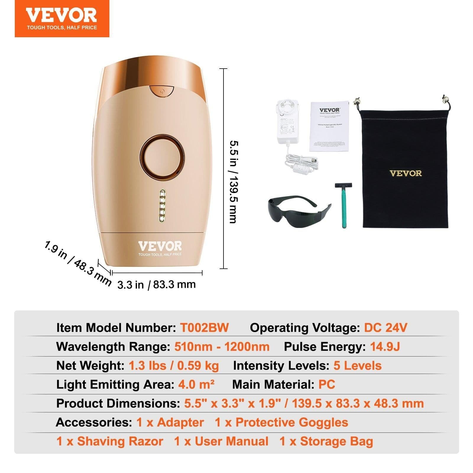 image-VEVOR IPL Hair Removal, Permanent Hair Removal for Women and Men, Auto/Manual Modes & 5 Adjustable Levels, Painless At-Home Hair Removal Device for Legs, Armpits, Bikini Line, Whole Body