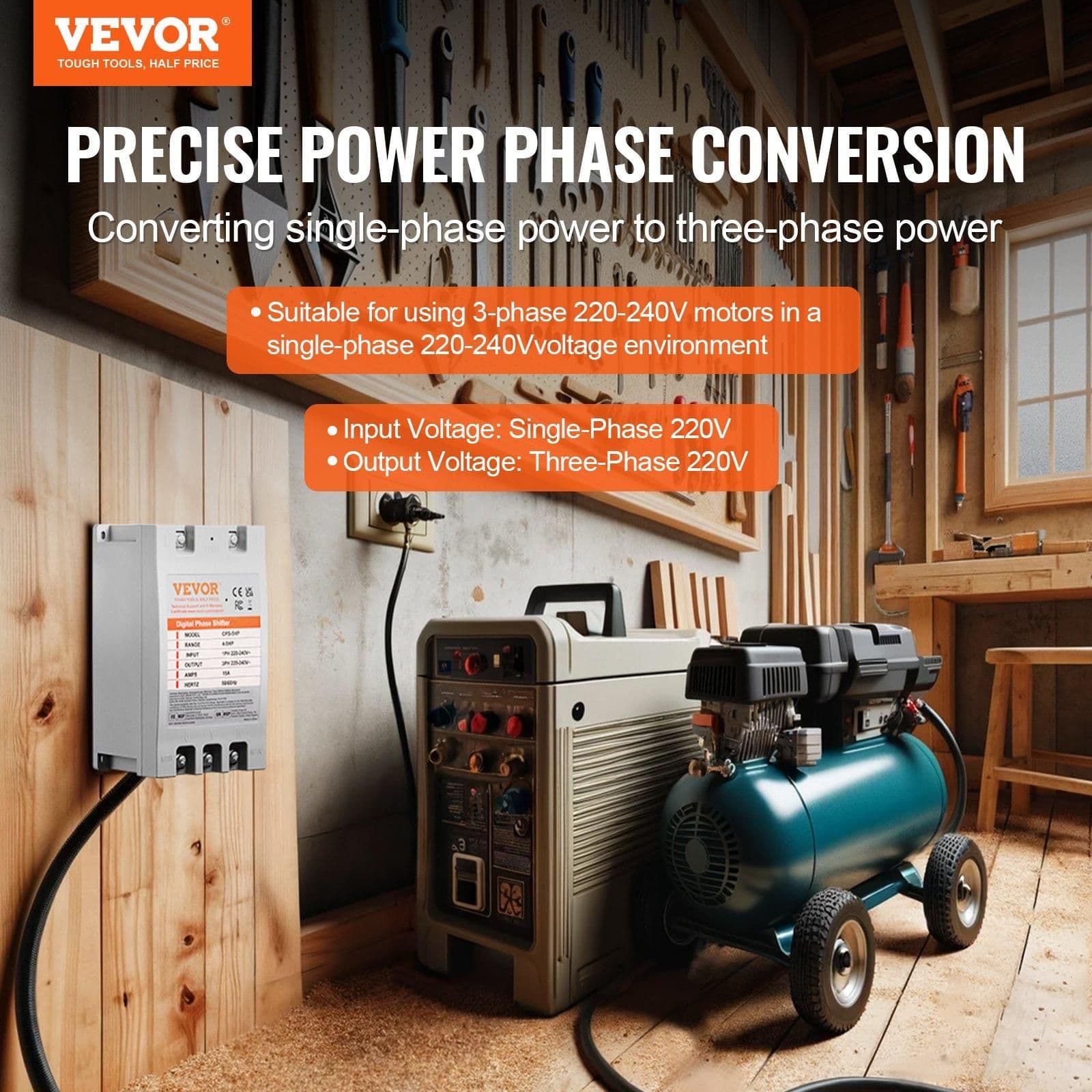 image-VEVOR 3 Phase Converter - 5HP 15A 220V Single Phase to 3 Phase Converter, Digital Phase Shifter for Residential and Light Commercial Use, 220V Input/Output (One Converter for One Motor Only)