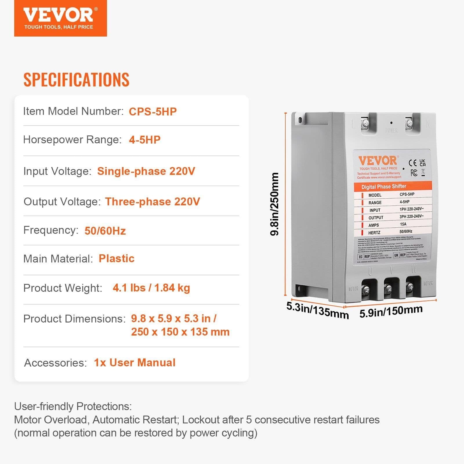 image-VEVOR 3 Phase Converter - 5HP 15A 220V Single Phase to 3 Phase Converter, Digital Phase Shifter for Residential and Light Commercial Use, 220V Input/Output (One Converter for One Motor Only)