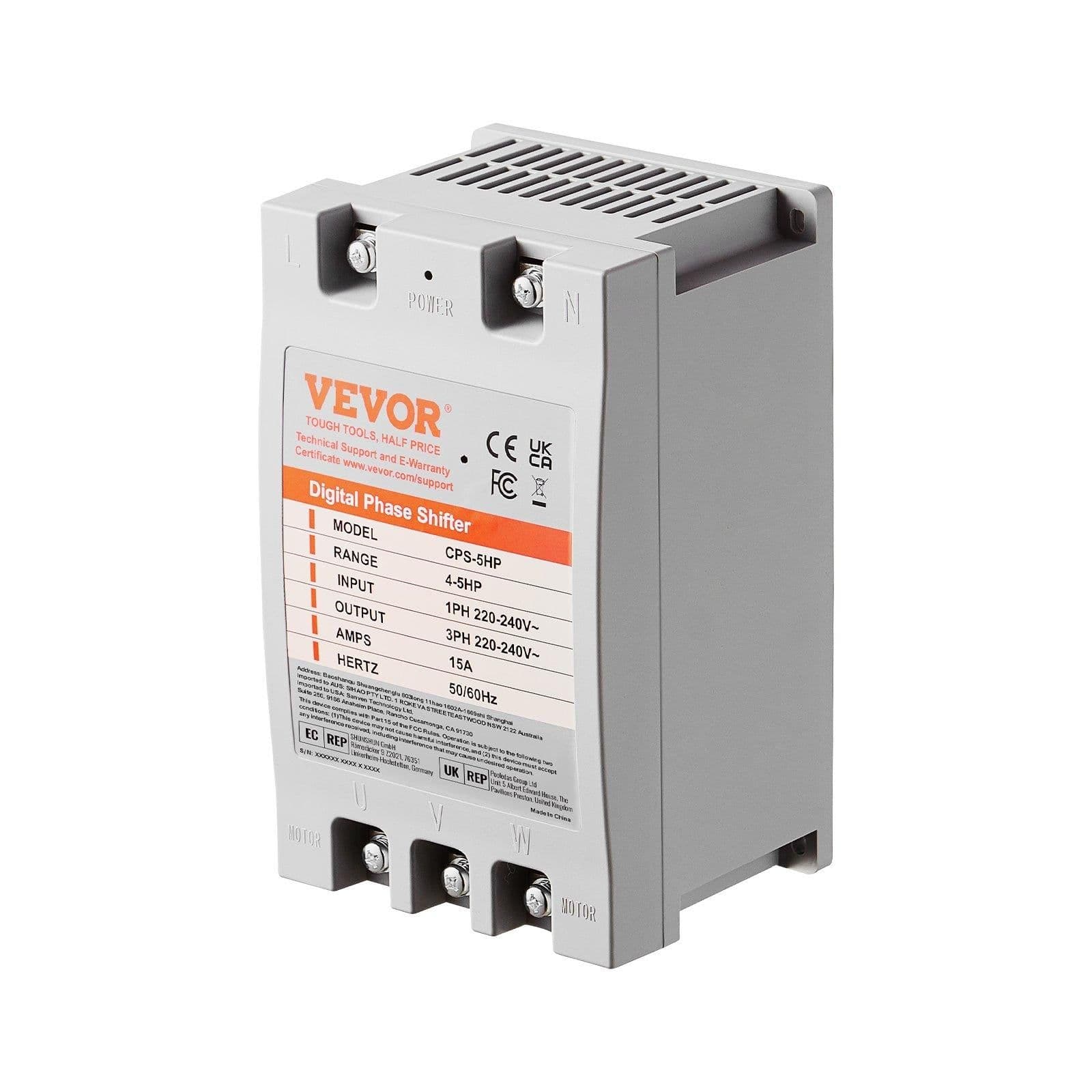 image-VEVOR 3 Phase Converter - 5HP 15A 220V Single Phase to 3 Phase Converter, Digital Phase Shifter for Residential and Light Commercial Use, 220V Input/Output (One Converter for One Motor Only)