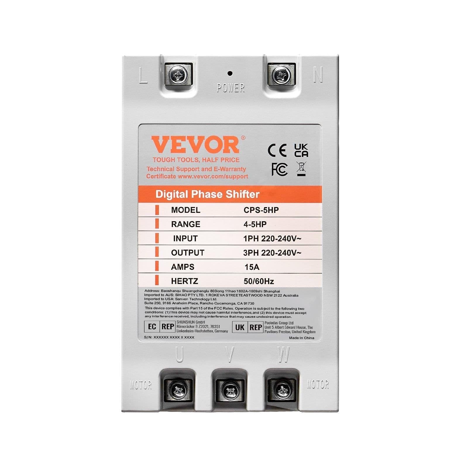 image-VEVOR 3 Phase Converter - 5HP 15A 220V Single Phase to 3 Phase Converter, Digital Phase Shifter for Residential and Light Commercial Use, 220V Input/Output (One Converter for One Motor Only)