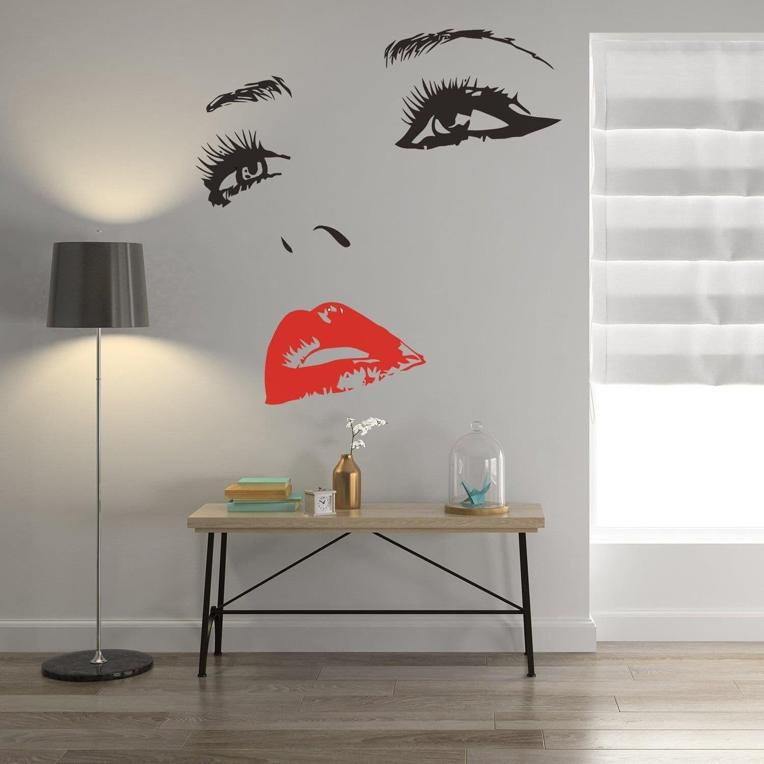 image-Woman Face Black Wall Vinyl Sticker - Salon Girl Happy Women Eye Window Beauty Art Decal