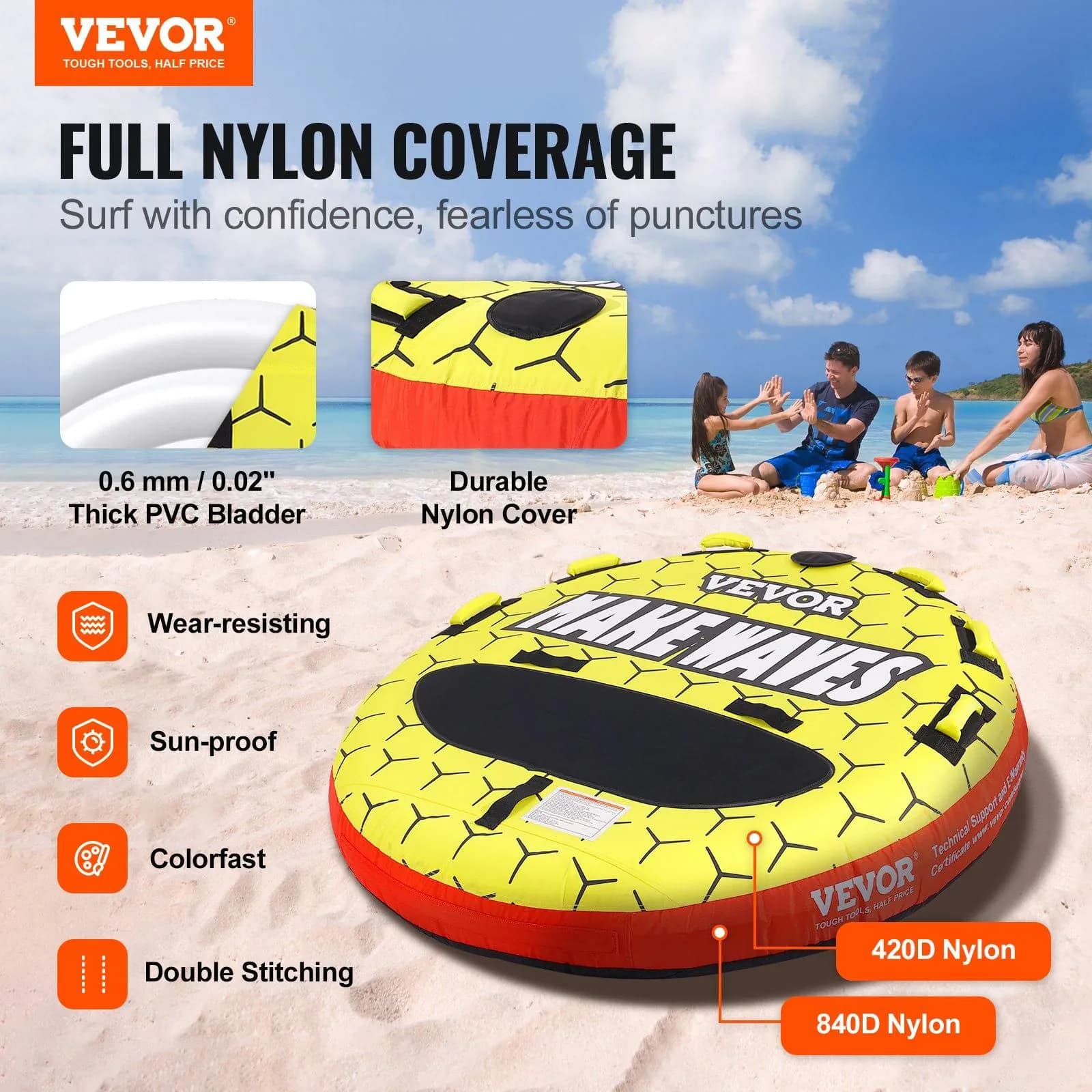 image-VEVOR Towable Tube for Boating, 1-3 Riders Inflatable Boat Tubes and Towables, 510 lbs, 63" Round Water Sport Towable Tubes for Boats to Pull, Full Nylon Cover, EVA Grab Handles and Speed Safety Valve