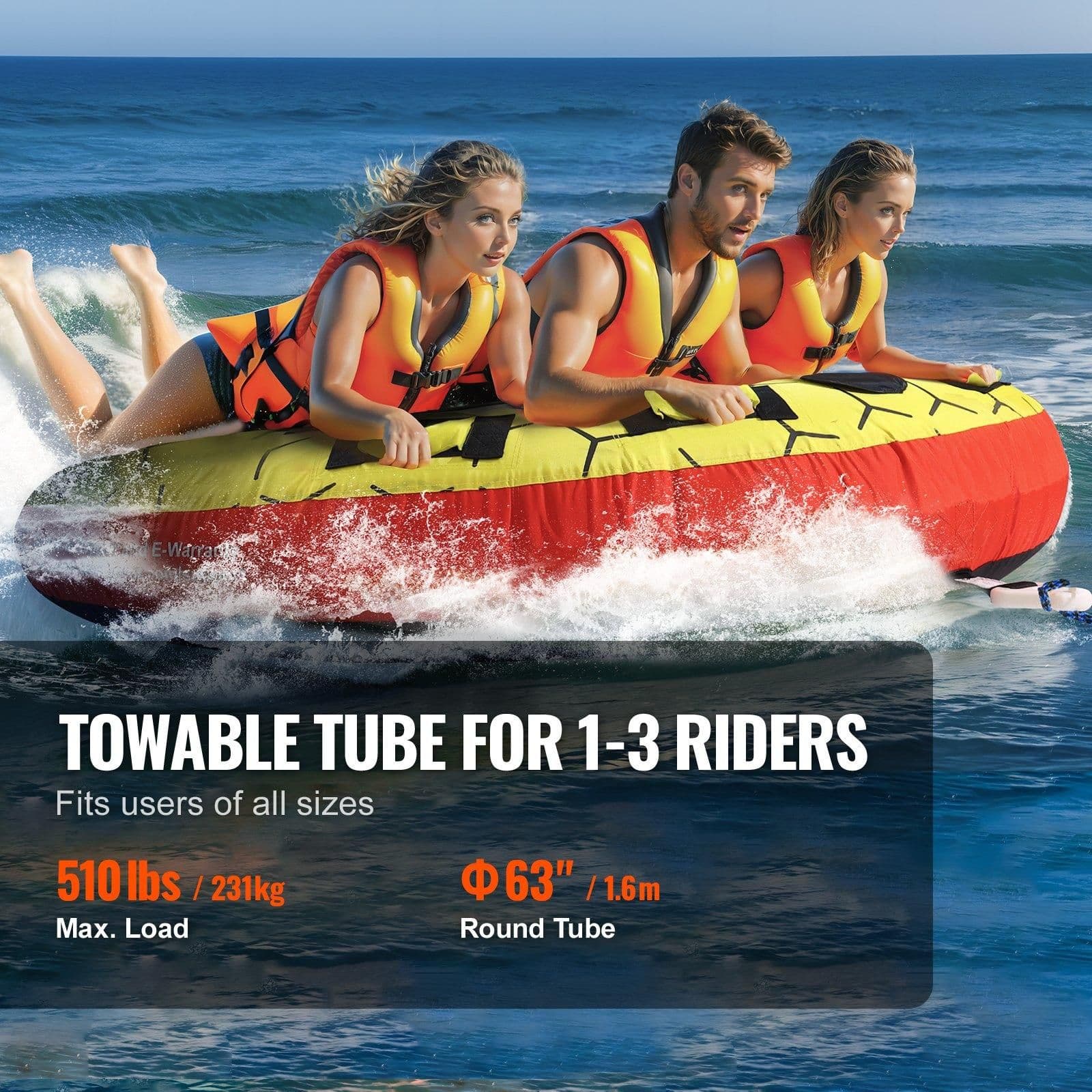 image-VEVOR Towable Tube for Boating, 1-3 Riders Inflatable Boat Tubes and Towables, 510 lbs, 63" Round Water Sport Towable Tubes for Boats to Pull, Full Nylon Cover, EVA Grab Handles and Speed Safety Valve