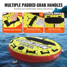 image-VEVOR Towable Tube for Boating, 1-3 Riders Inflatable Boat Tubes and Towables, 510 lbs, 63" Round Water Sport Towable Tubes for Boats to Pull, Full Nylon Cover, EVA Grab Handles and Speed Safety Valve