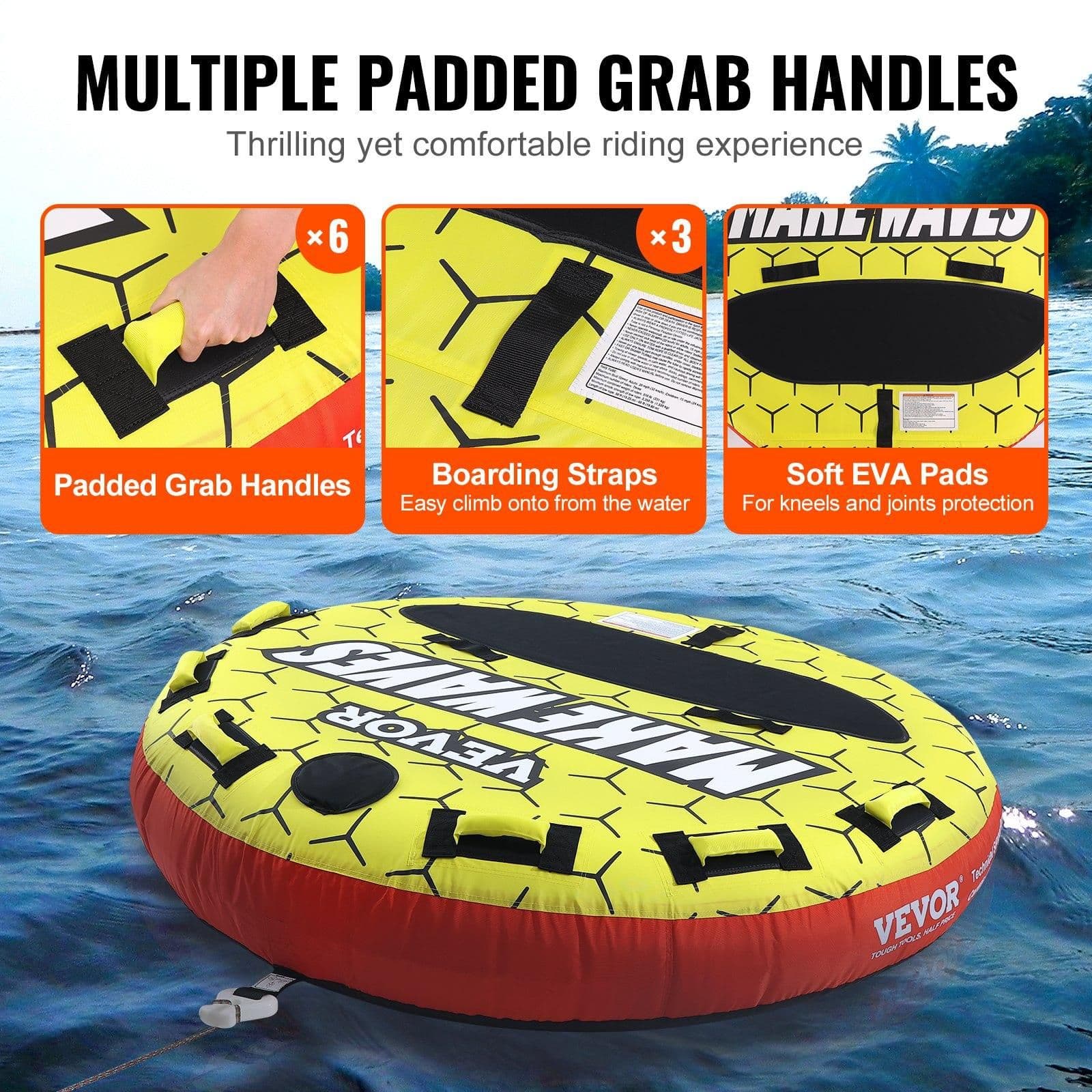 image-VEVOR Towable Tube for Boating, 1-3 Riders Inflatable Boat Tubes and Towables, 510 lbs, 63" Round Water Sport Towable Tubes for Boats to Pull, Full Nylon Cover, EVA Grab Handles and Speed Safety Valve