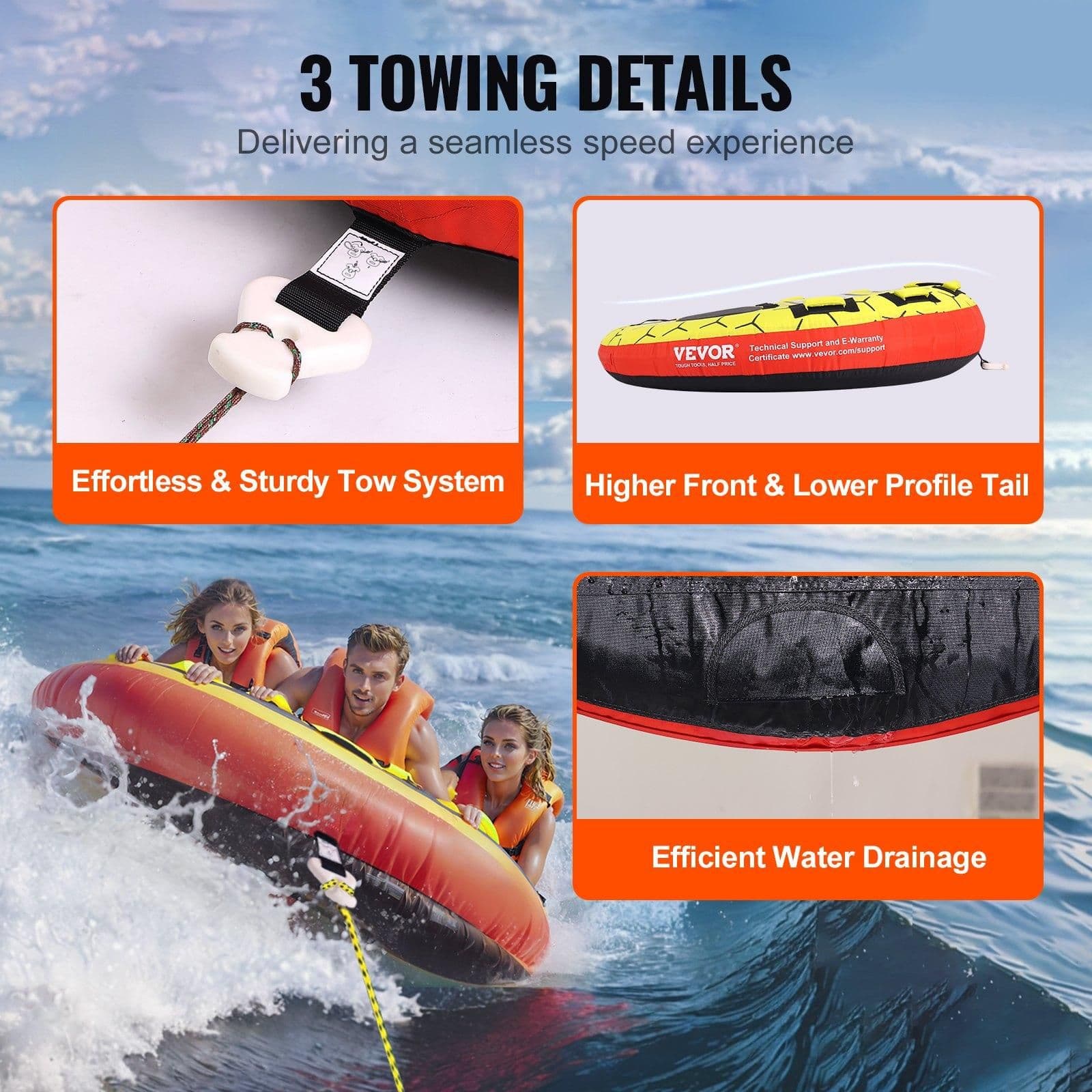 image-VEVOR Towable Tube for Boating, 1-3 Riders Inflatable Boat Tubes and Towables, 510 lbs, 63" Round Water Sport Towable Tubes for Boats to Pull, Full Nylon Cover, EVA Grab Handles and Speed Safety Valve