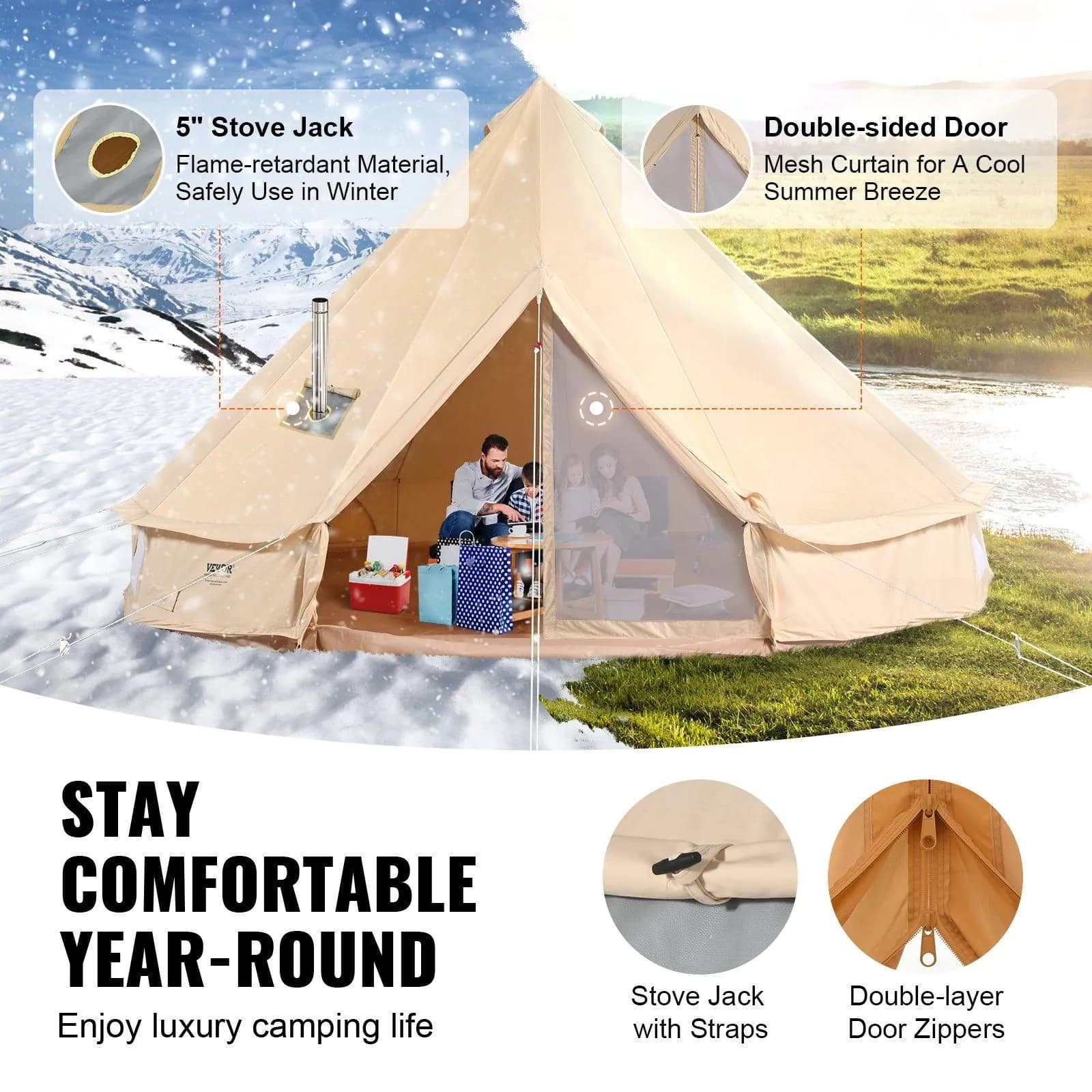 image-VEVOR 12 Person Canvas Glamping Bell Tent, Breathable Waterproof Large Yurt Tent with Stove Jack and Detachable Side Wall for Family Camping, 23'x23'x137"(Diameter 7M)