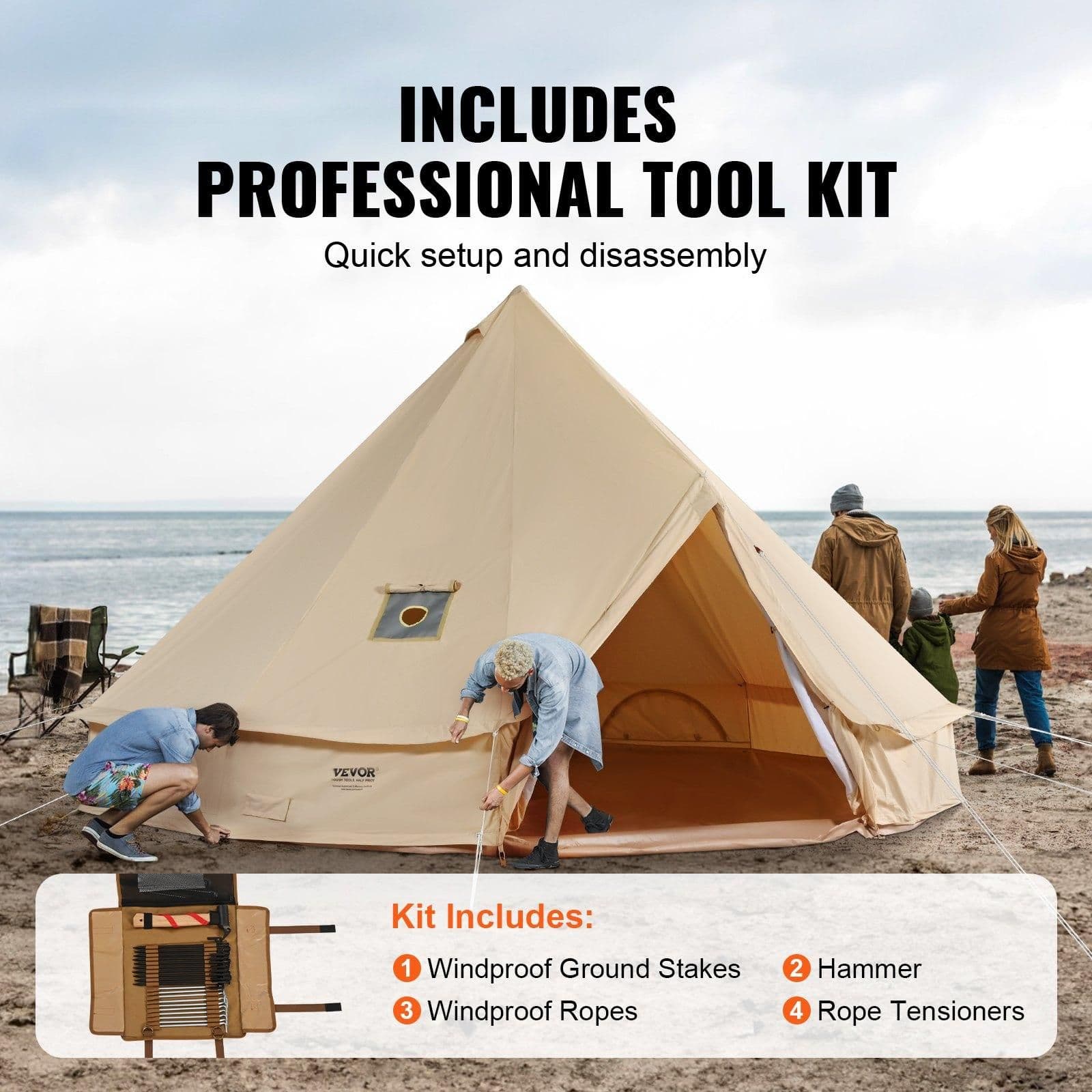 image-VEVOR 12 Person Canvas Glamping Bell Tent, Breathable Waterproof Large Yurt Tent with Stove Jack and Detachable Side Wall for Family Camping, 23'x23'x137"(Diameter 7M)