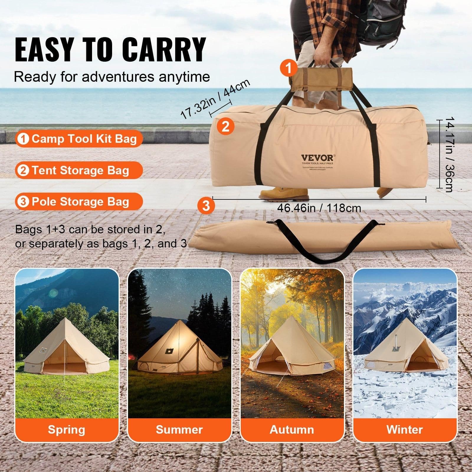 image-VEVOR 12 Person Canvas Glamping Bell Tent, Breathable Waterproof Large Yurt Tent with Stove Jack and Detachable Side Wall for Family Camping, 23'x23'x137"(Diameter 7M)