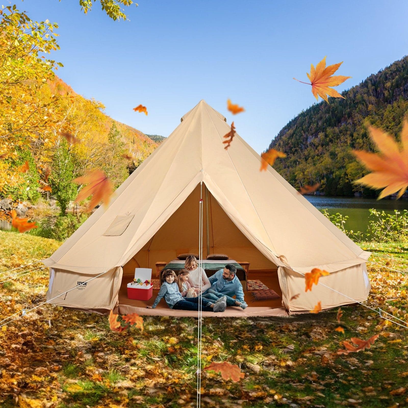 image-VEVOR 12 Person Canvas Glamping Bell Tent, Breathable Waterproof Large Yurt Tent with Stove Jack and Detachable Side Wall for Family Camping, 23'x23'x137"(Diameter 7M)